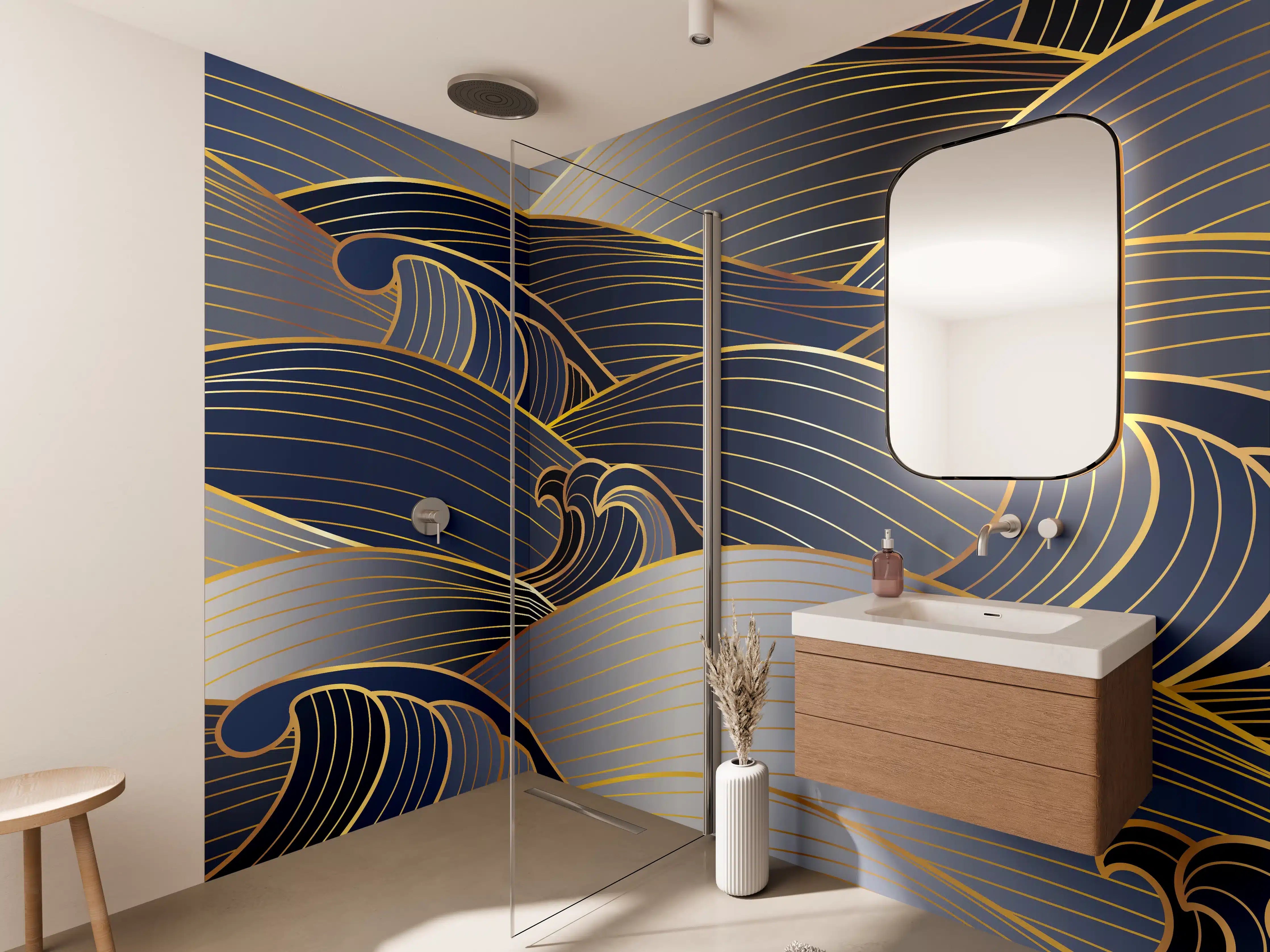 Wandverkleidung Bad - Elegante Gold-Blau Wellentextur