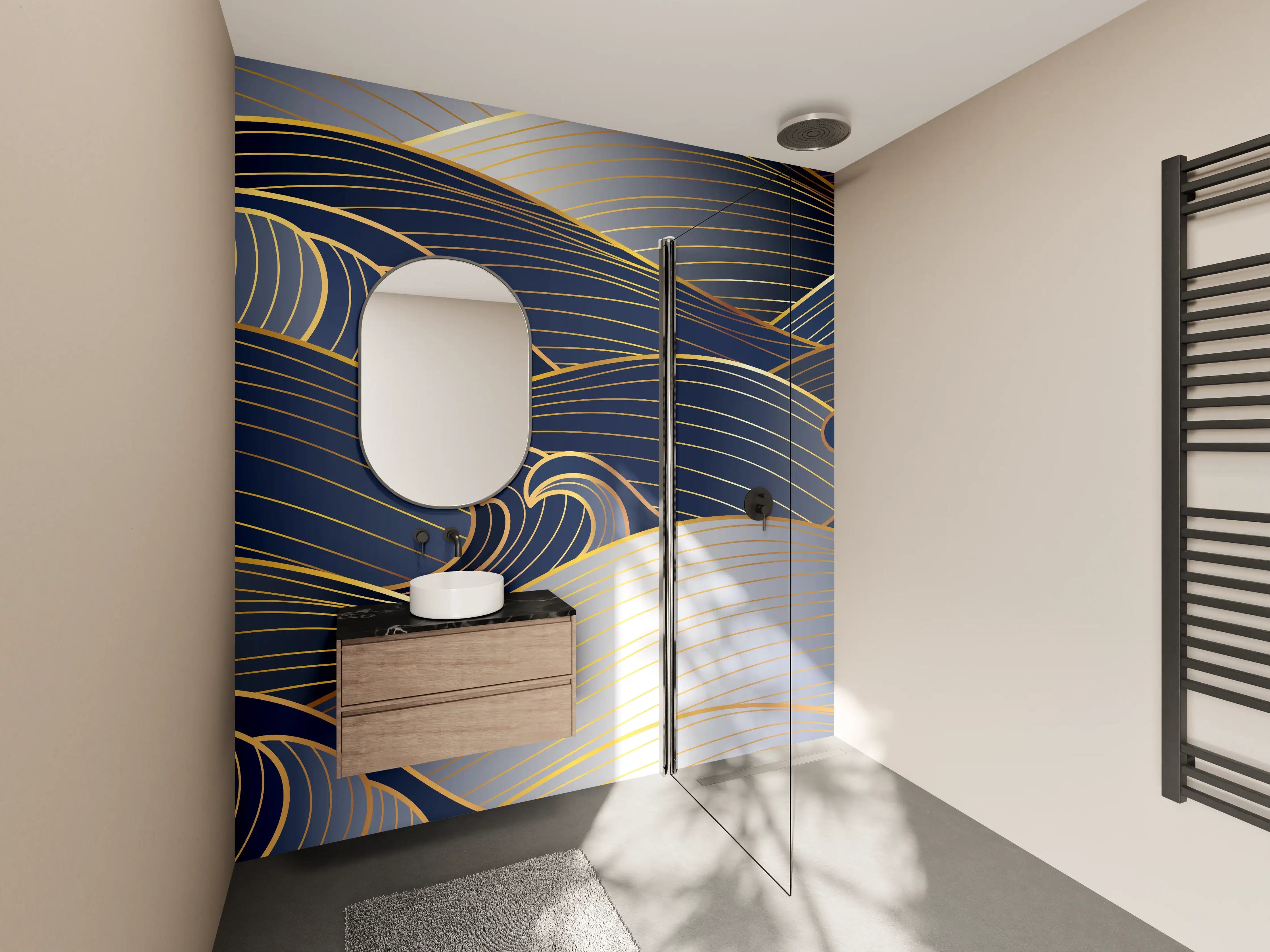 Wandverkleidung Bad - Elegante Gold-Blau Wellentextur