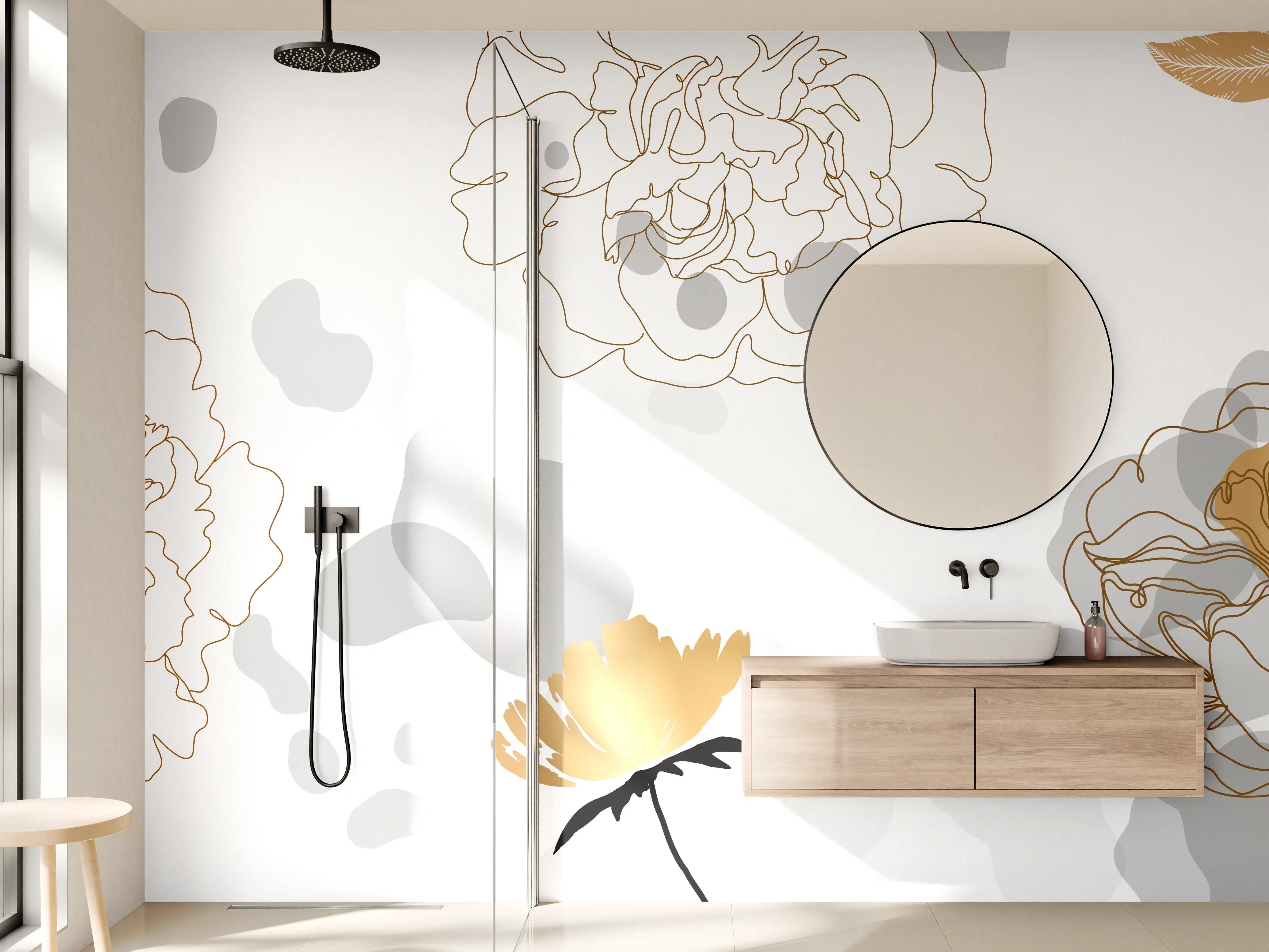 Wandverkleidung Bad - Elegante Gold-Grau Floral Kunst