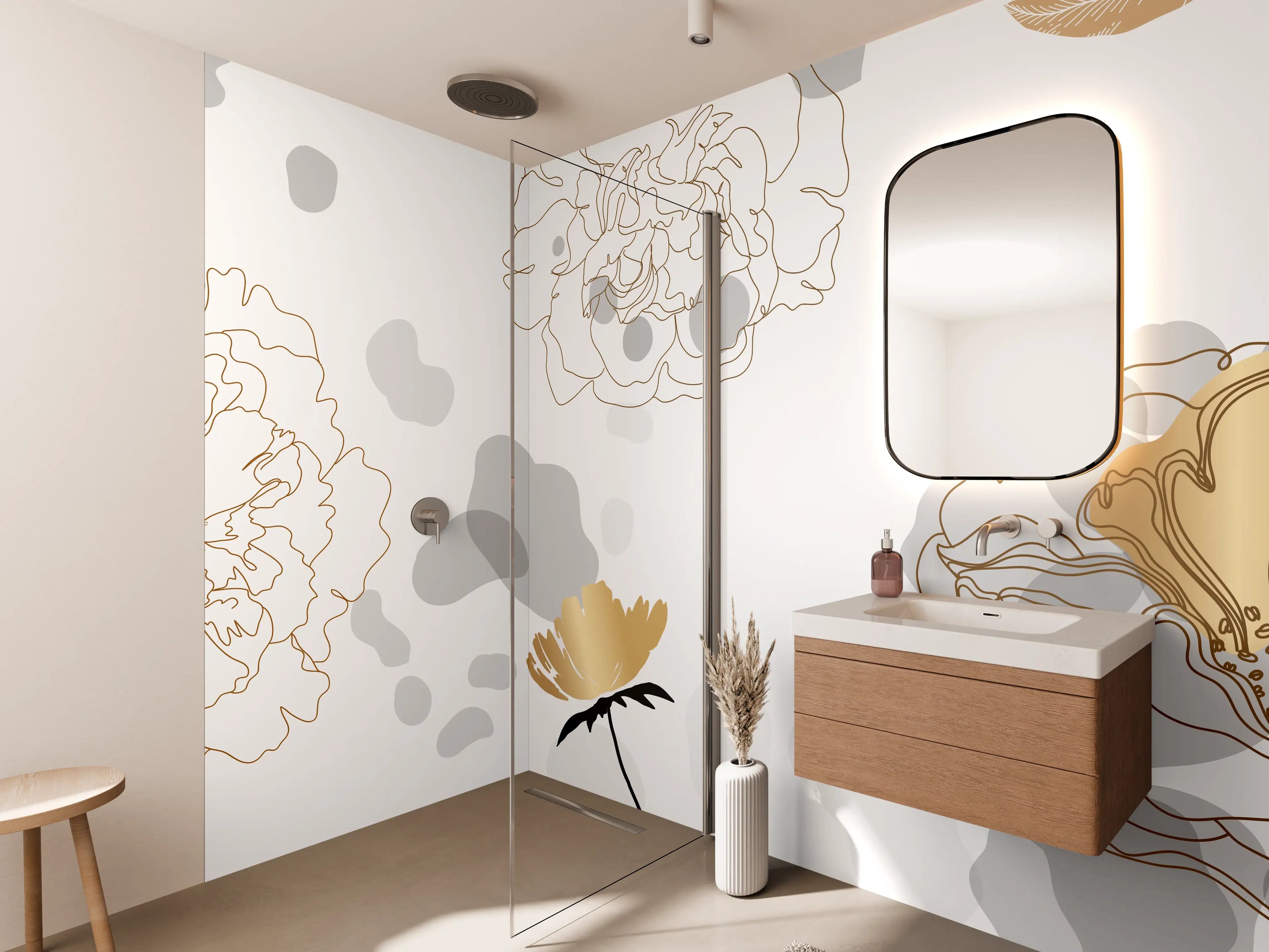 Wandverkleidung Bad - Elegante Gold-Grau Floral Kunst