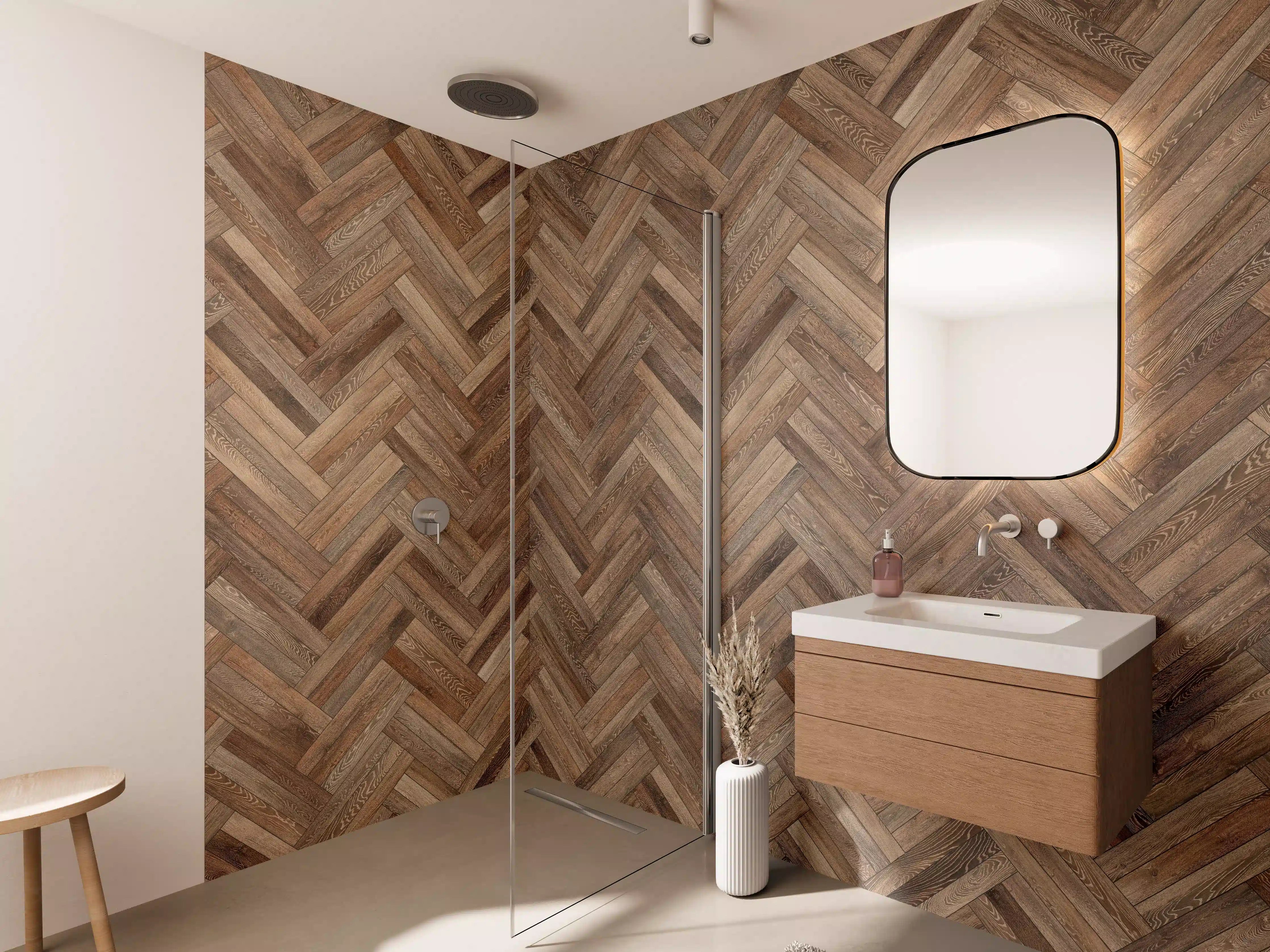 Wandverkleidung Bad - Elegante Holzoptik in sanften Grautönen