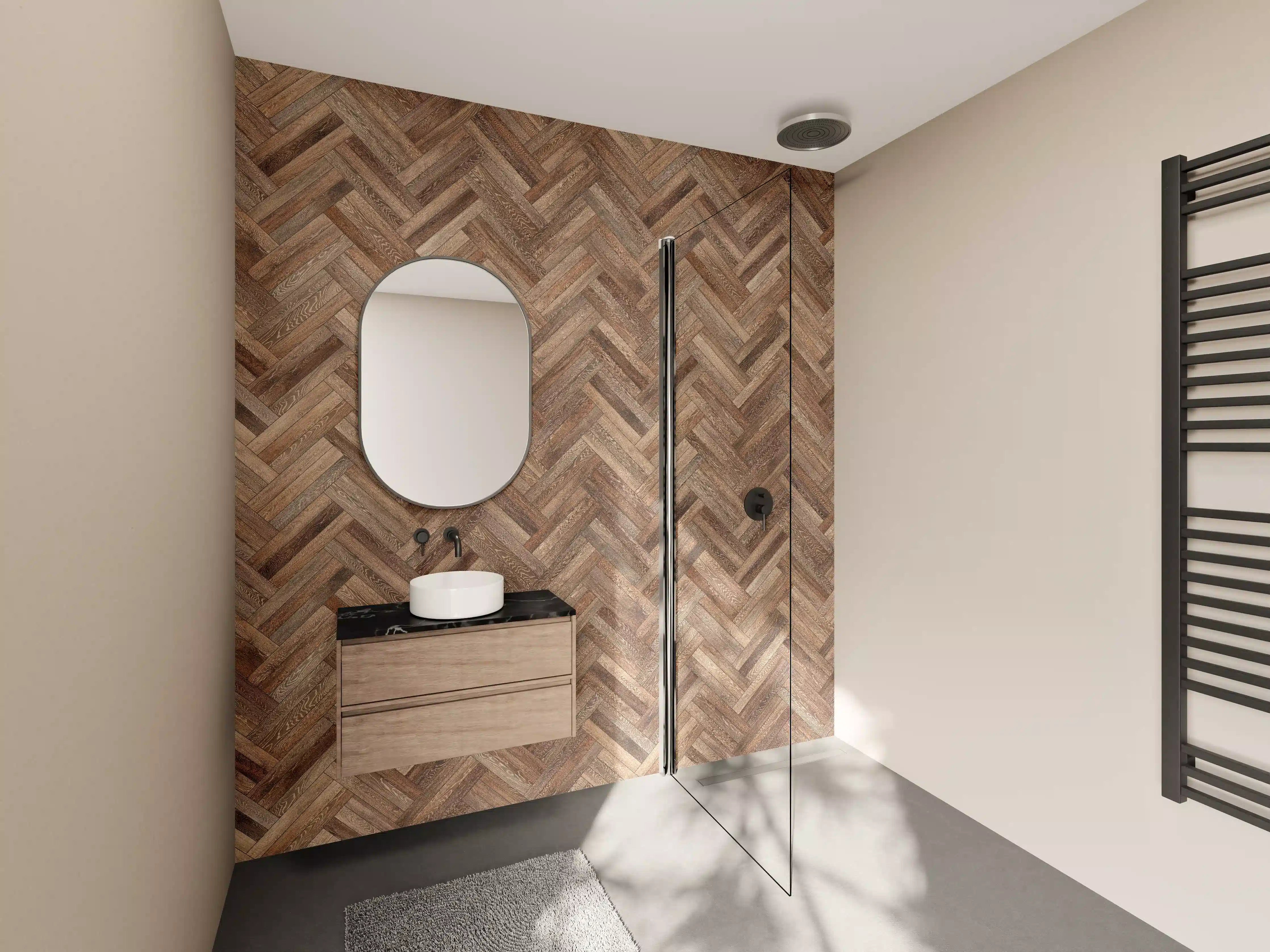 Wandverkleidung Bad - Elegante Holzoptik in sanften Grautönen