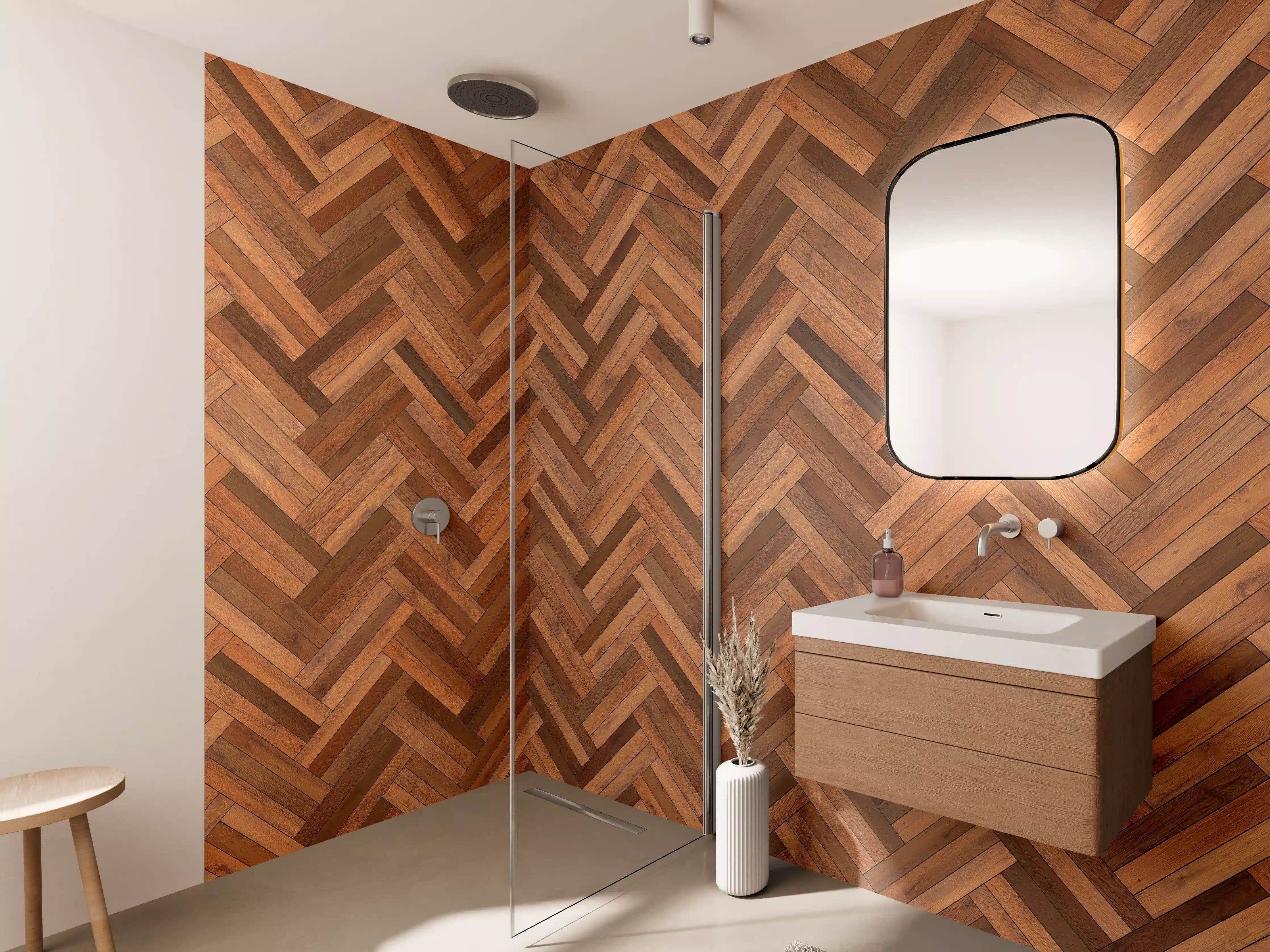 Wandverkleidung Bad - Elegante Holzstruktur in warmen Tönen