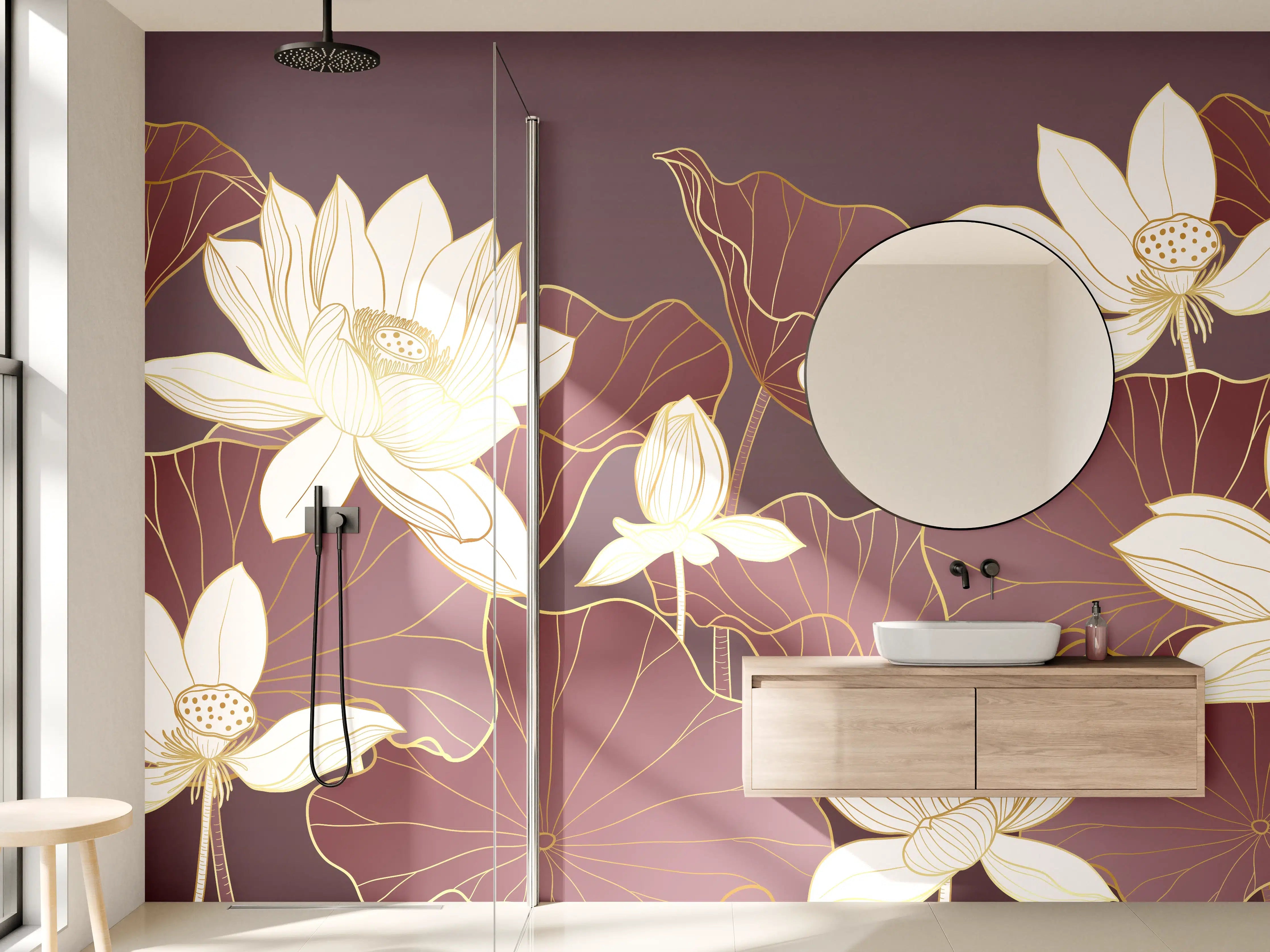 Wandverkleidung Bad - Elegante Lotusblumen in Weiß und Gold auf Mauve-Hintergrund