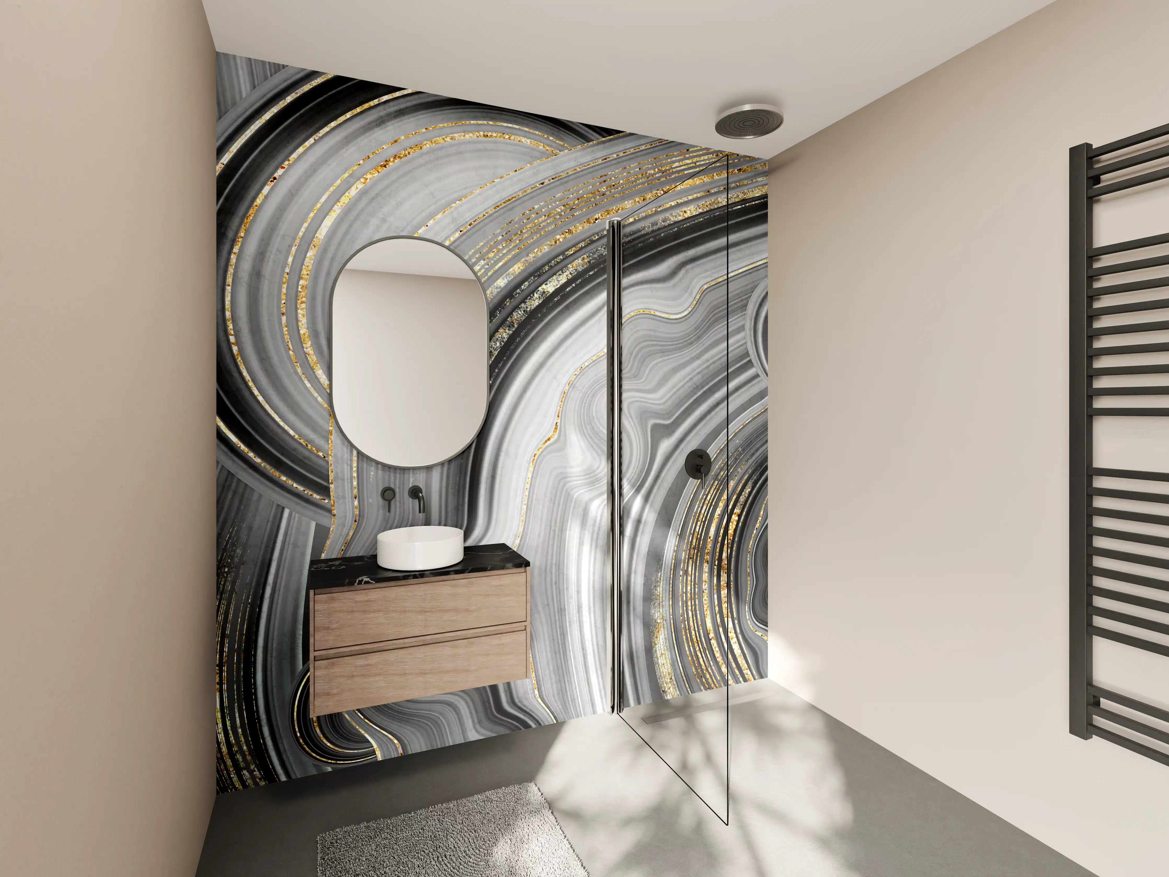 Wandverkleidung Bad - Elegante Schwarz-Gold-Grafik im Marble-Design