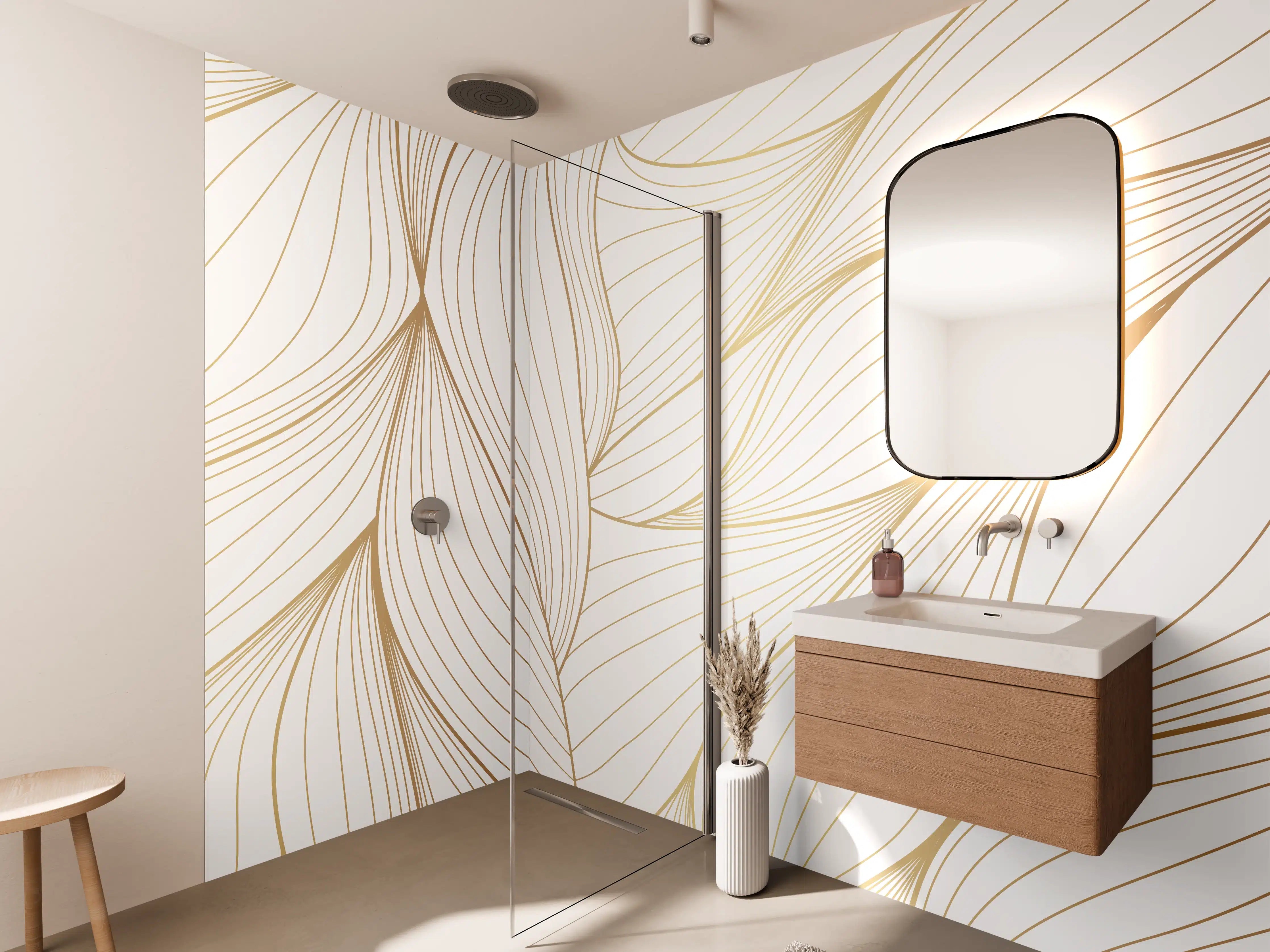 Wandverkleidung Bad - Elegante Weiß-Beige Wellenlinien
