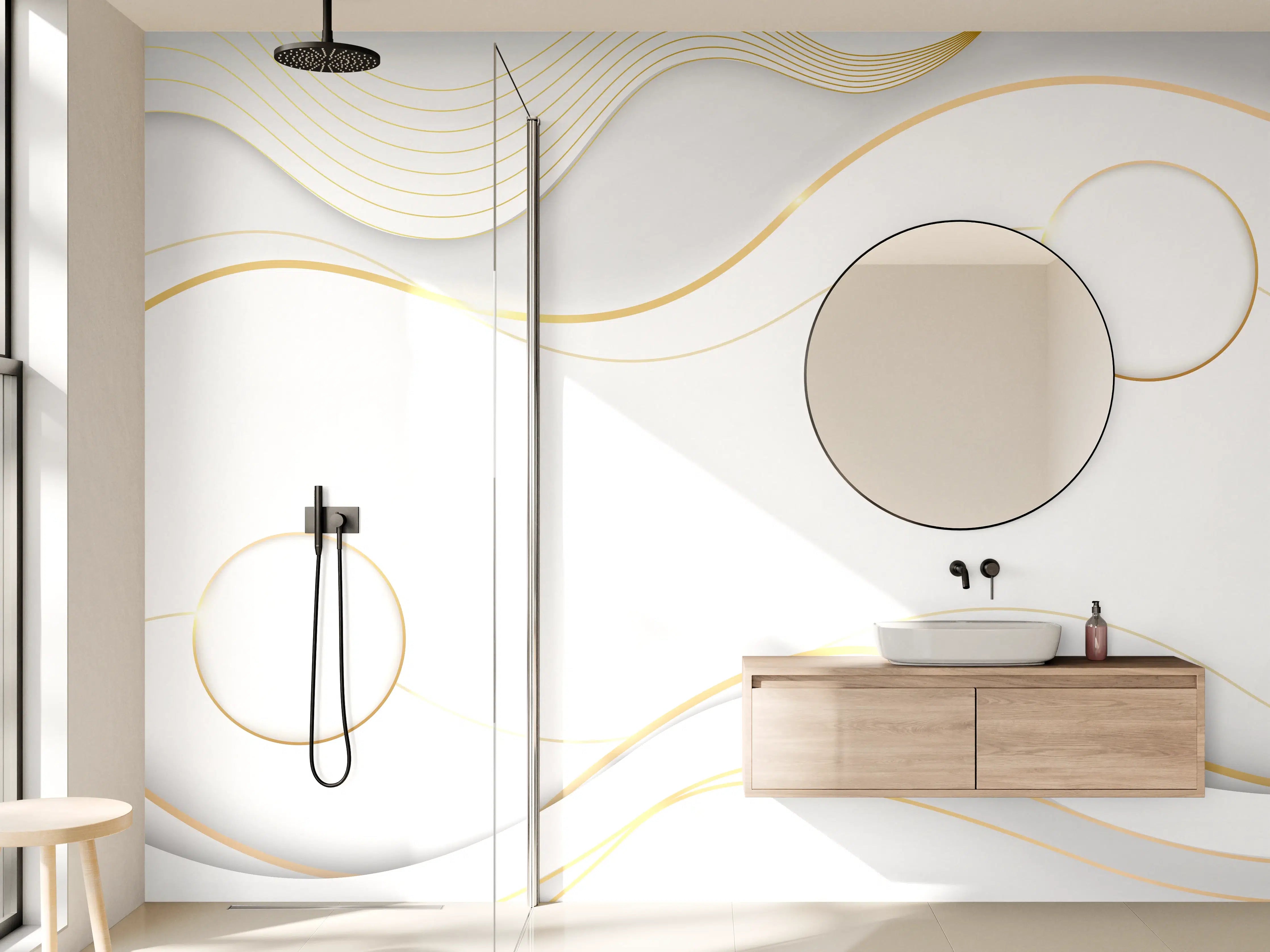 Wandverkleidung Bad - Elegante Weiß-Gold Wellen-Design