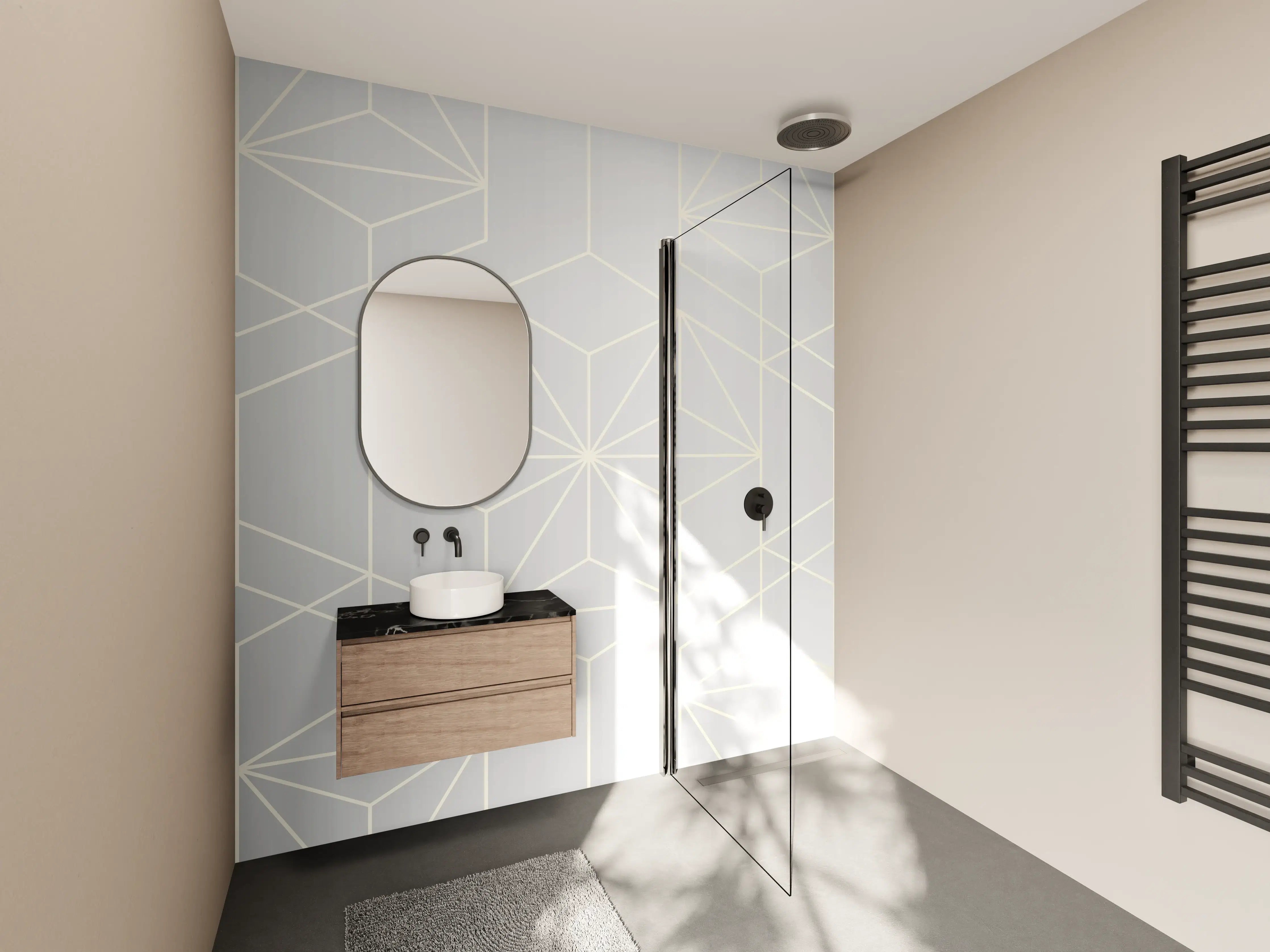 Wandverkleidung Bad - Elegante Weiß-Grau-Geometrie