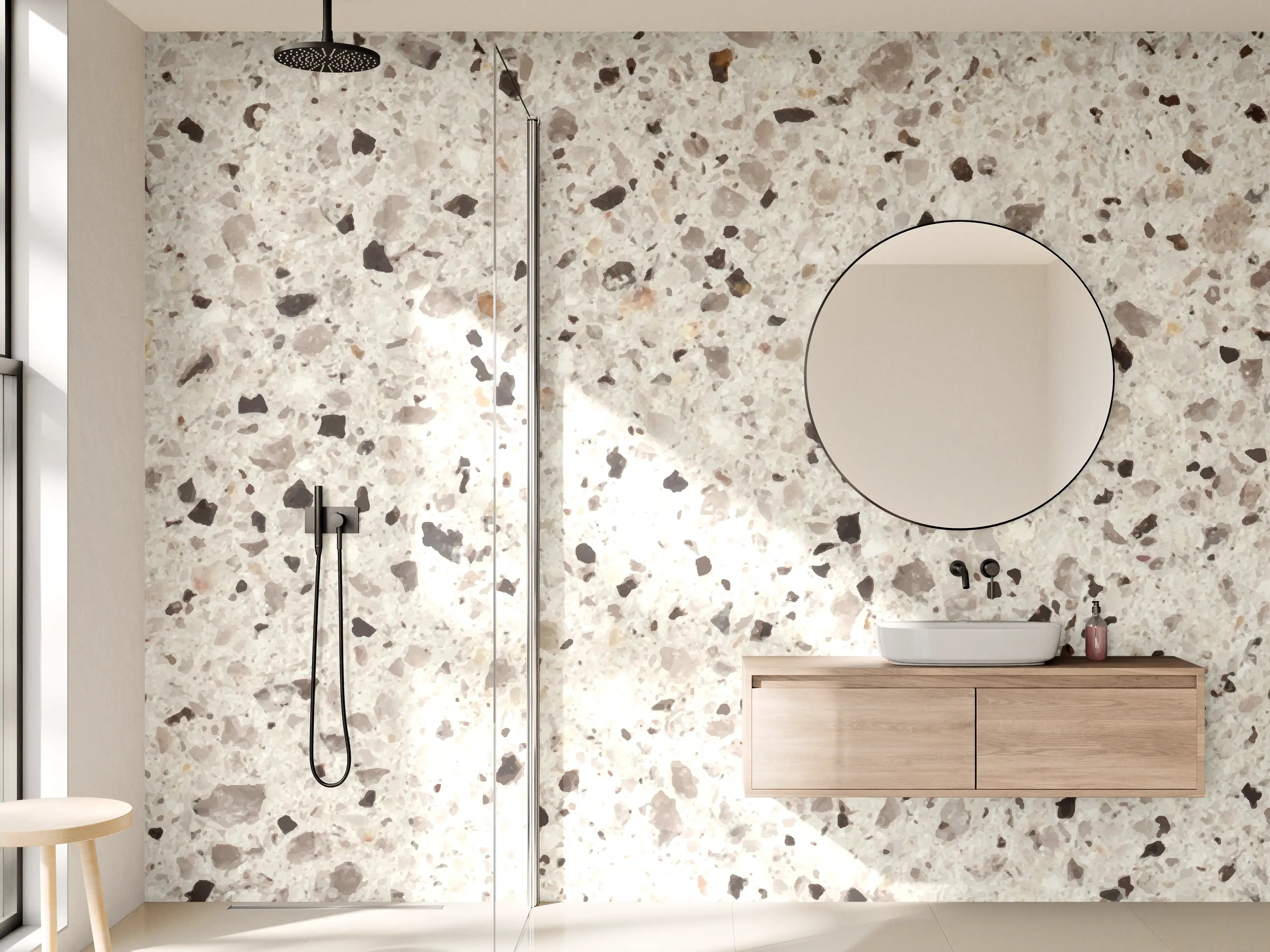 Wandverkleidung Bad - Elegante Weiß-Grau Terrazzo-Optik