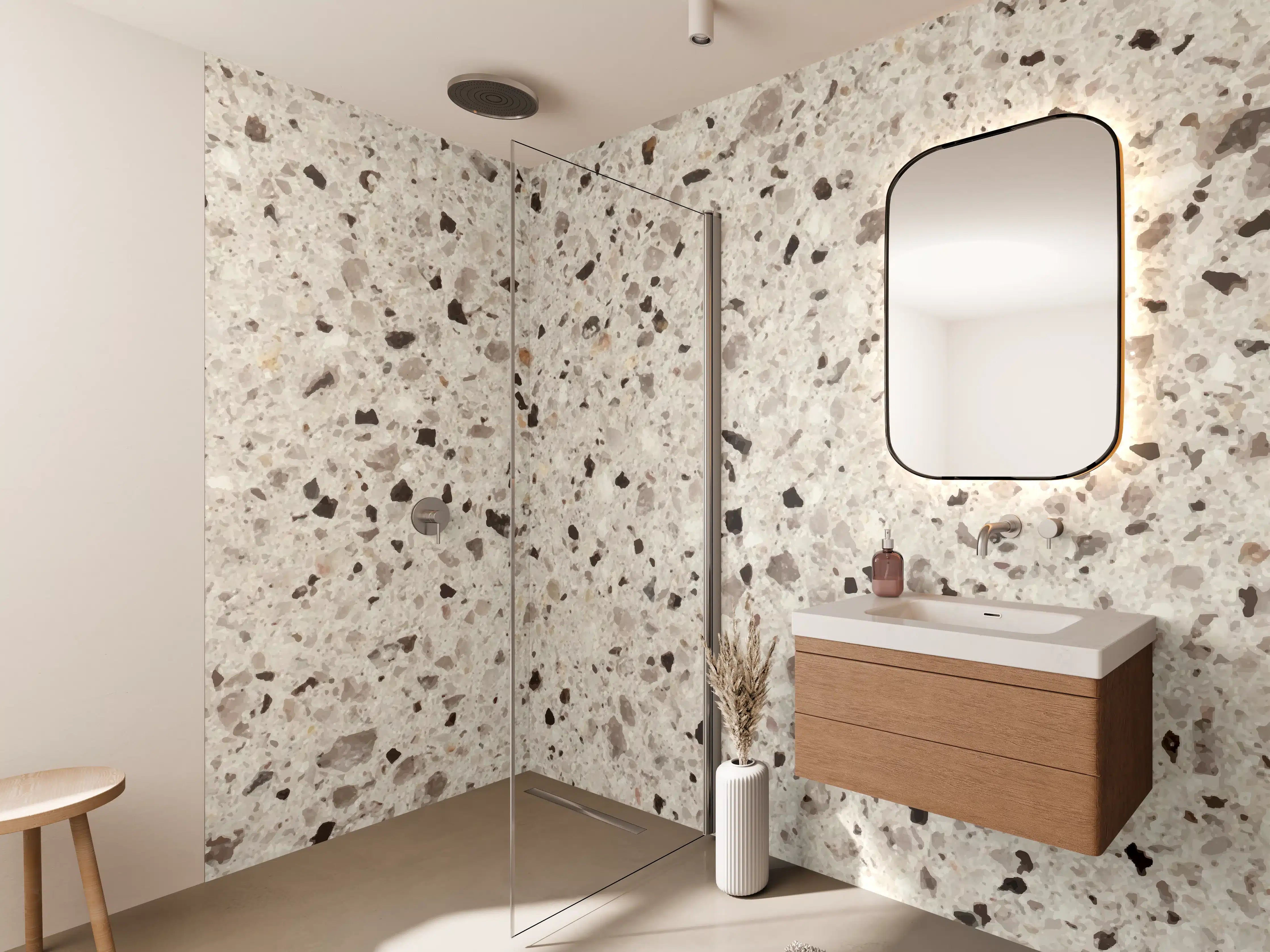 Wandverkleidung Bad - Elegante Weiß-Grau Terrazzo-Optik