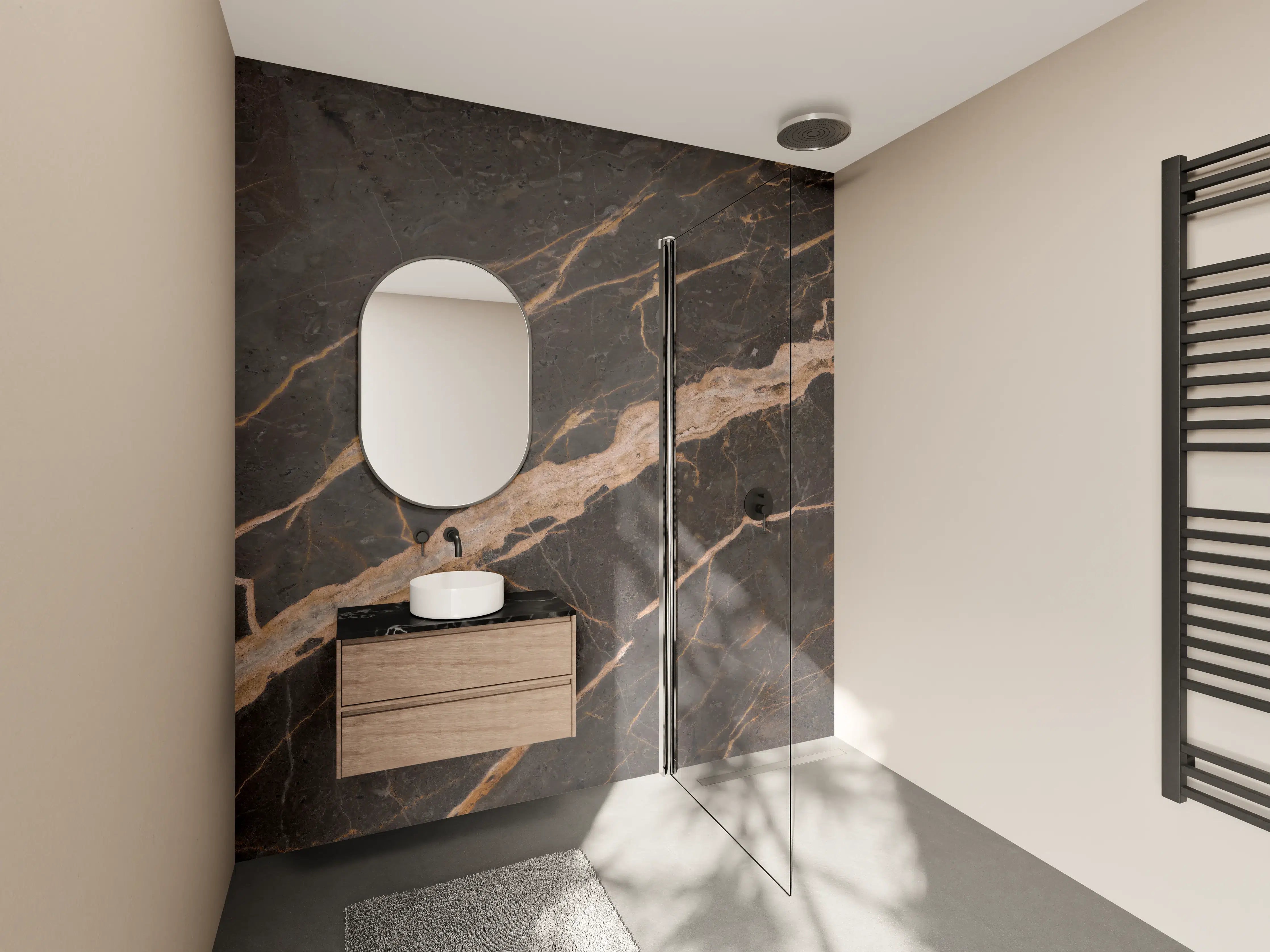 Wandverkleidung Bad - Elegante dunkle Marmor-Textur mit goldenen Adern