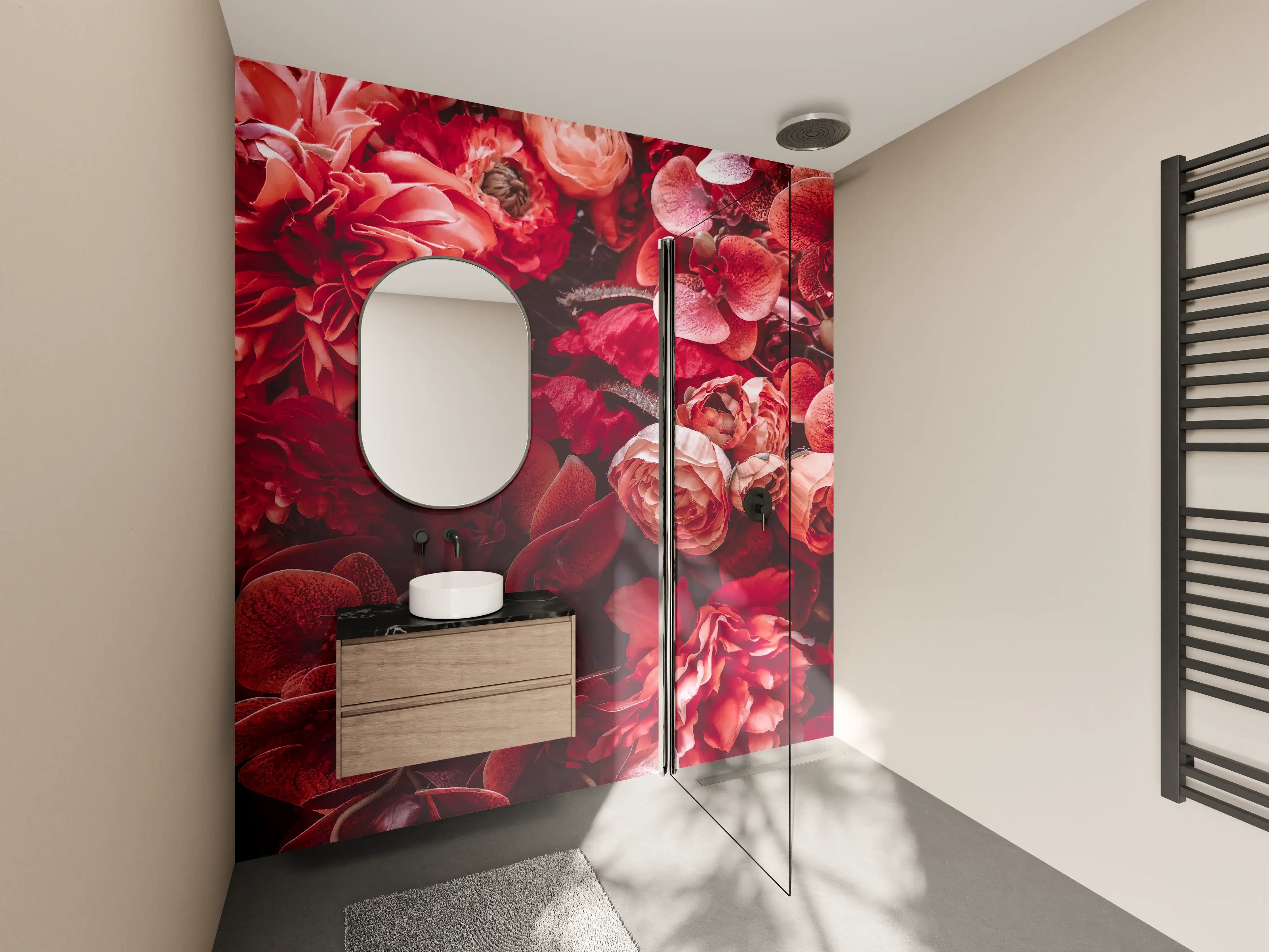 Wandverkleidung Bad - Elegante rote Blütenträume