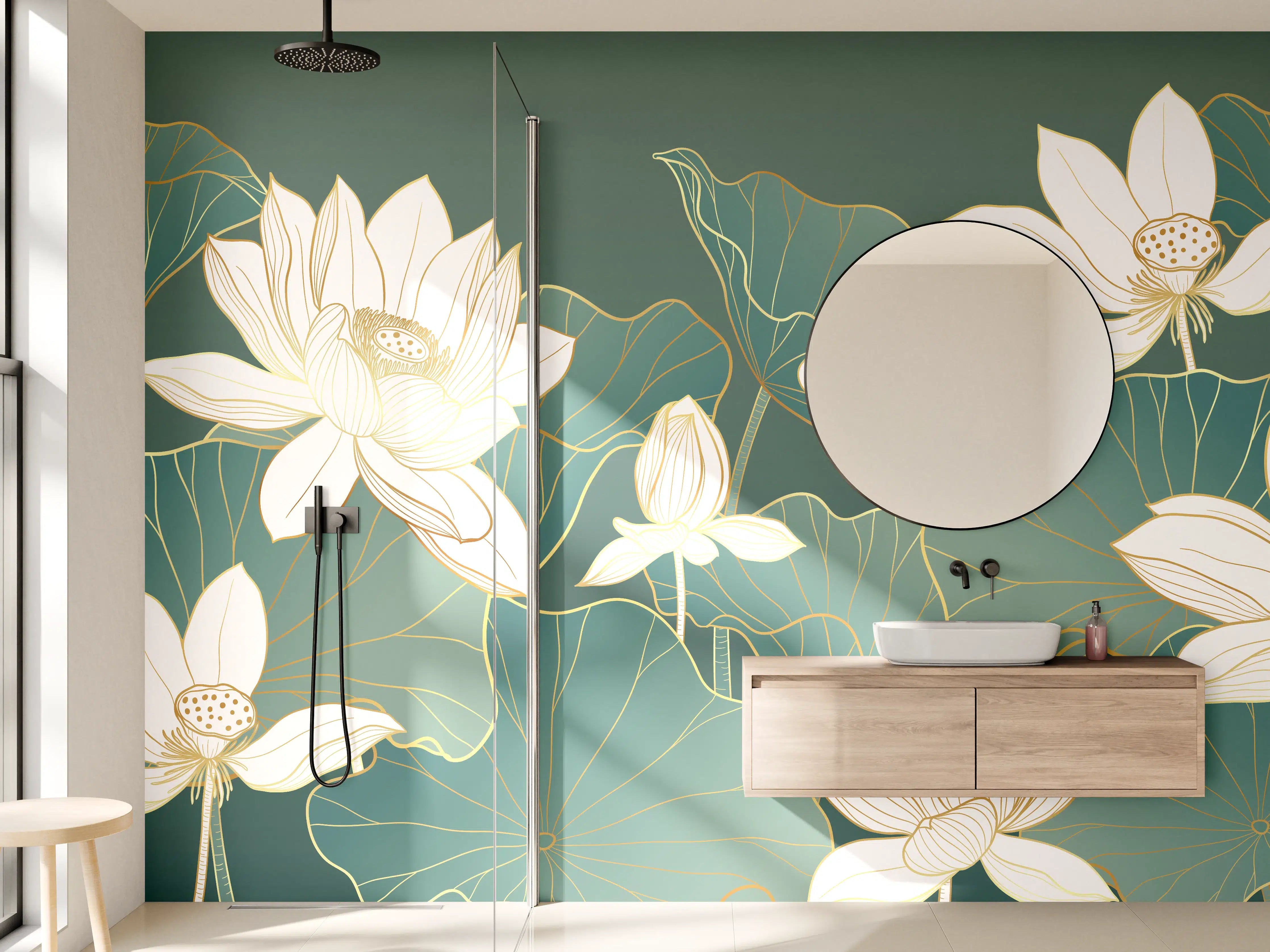 Wandverkleidung Bad - Elegante weiße Lotusblumen auf grünen Blättern