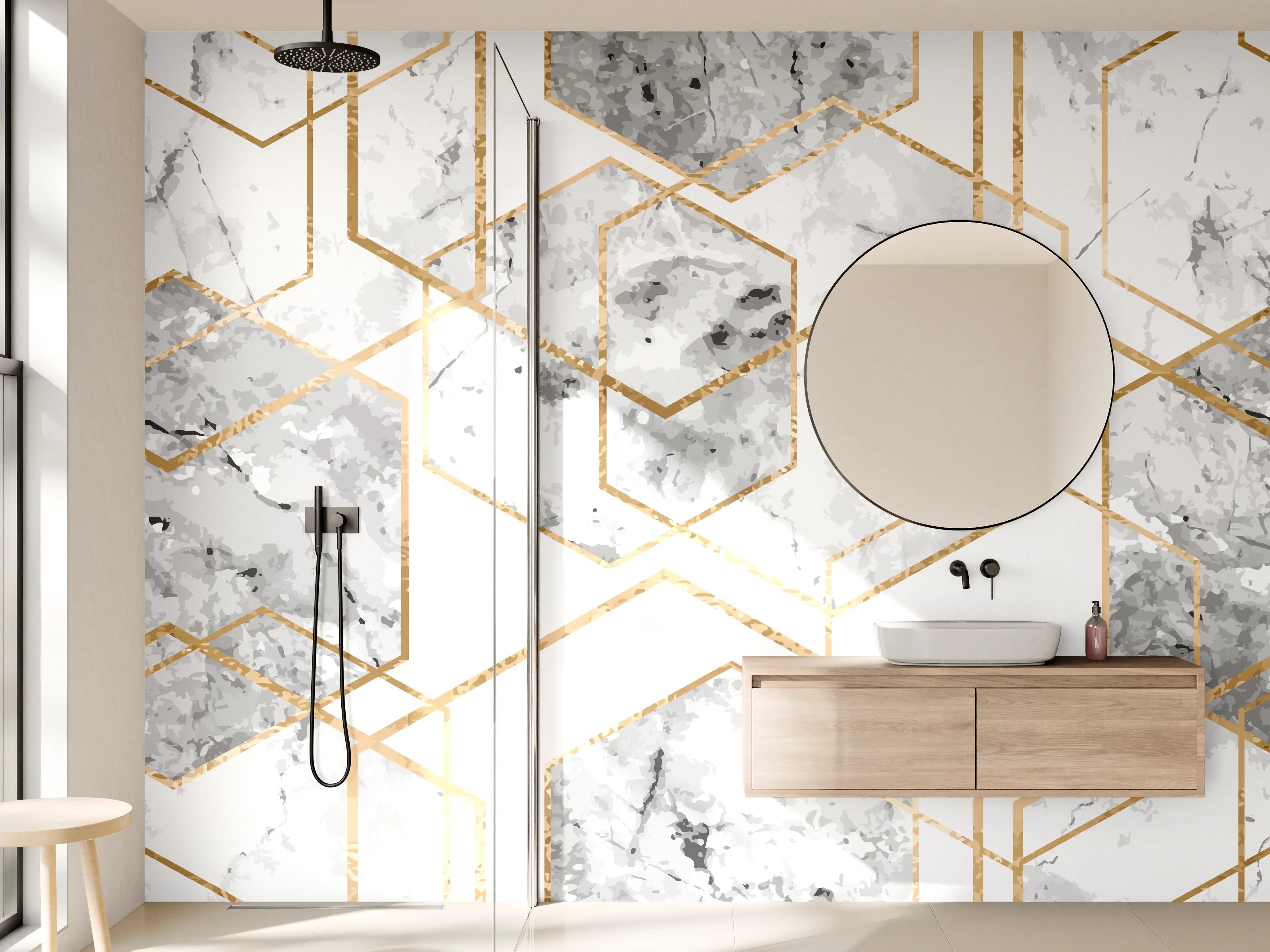 Wandverkleidung Bad - Eleganter Weiß-Gold Marmor-Look