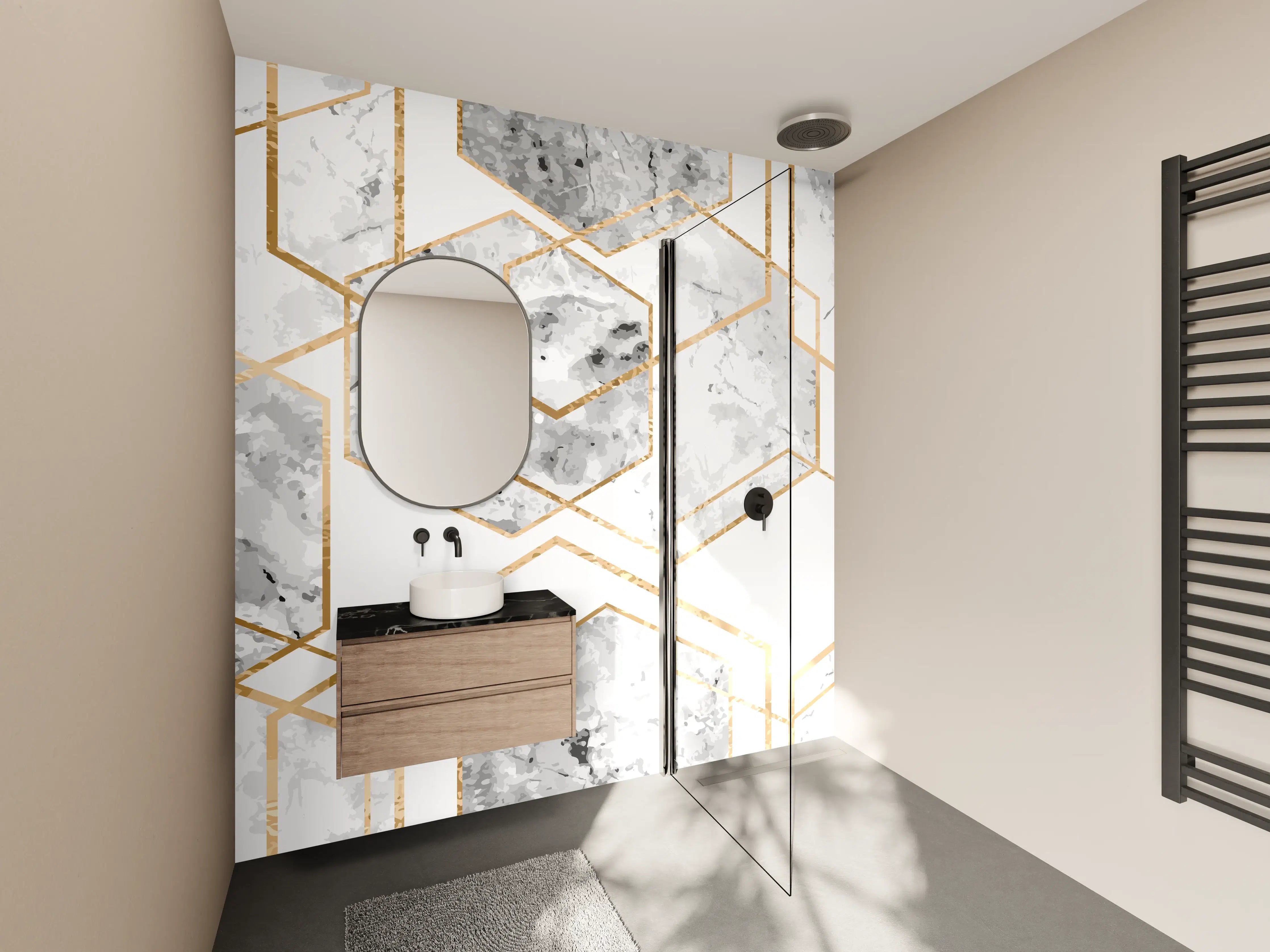 Wandverkleidung Bad - Eleganter Weiß-Gold Marmor-Look