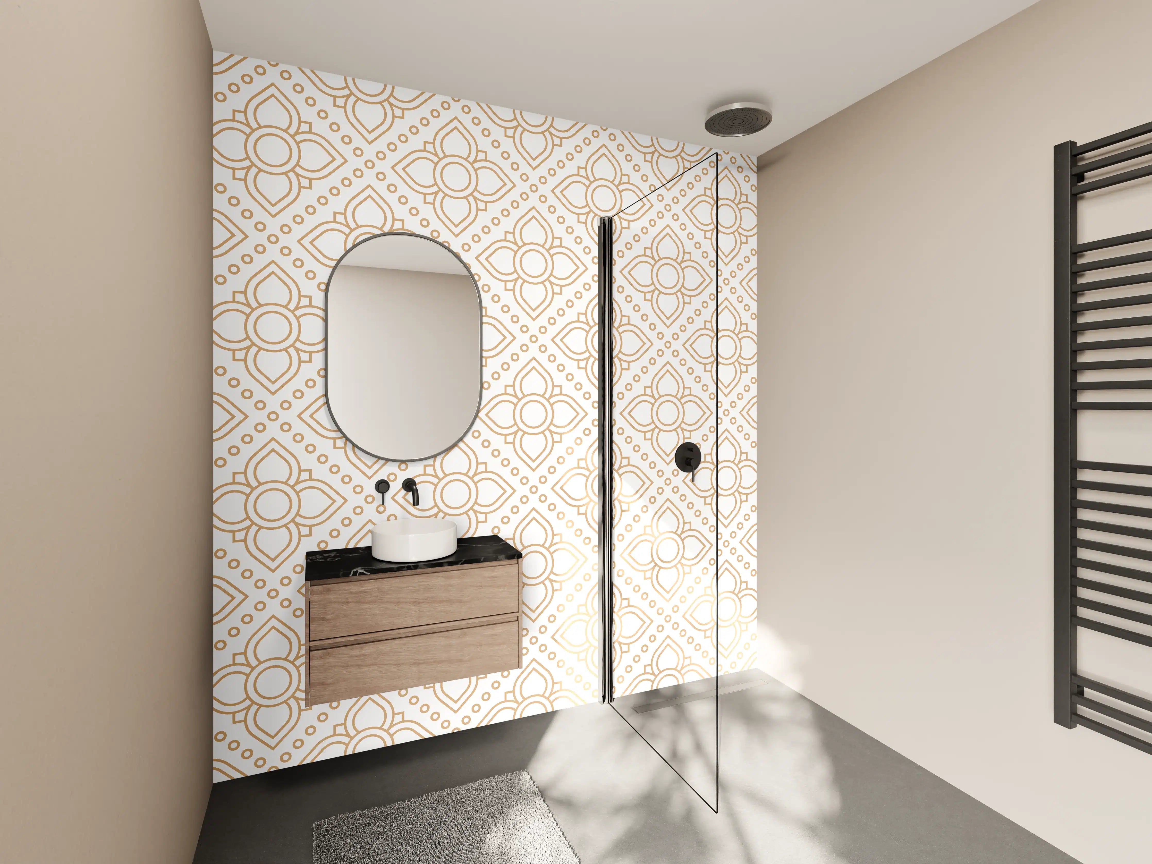 Wandverkleidung Bad - Elegantes Beige-Ornamentmuster mit Goldakzenten