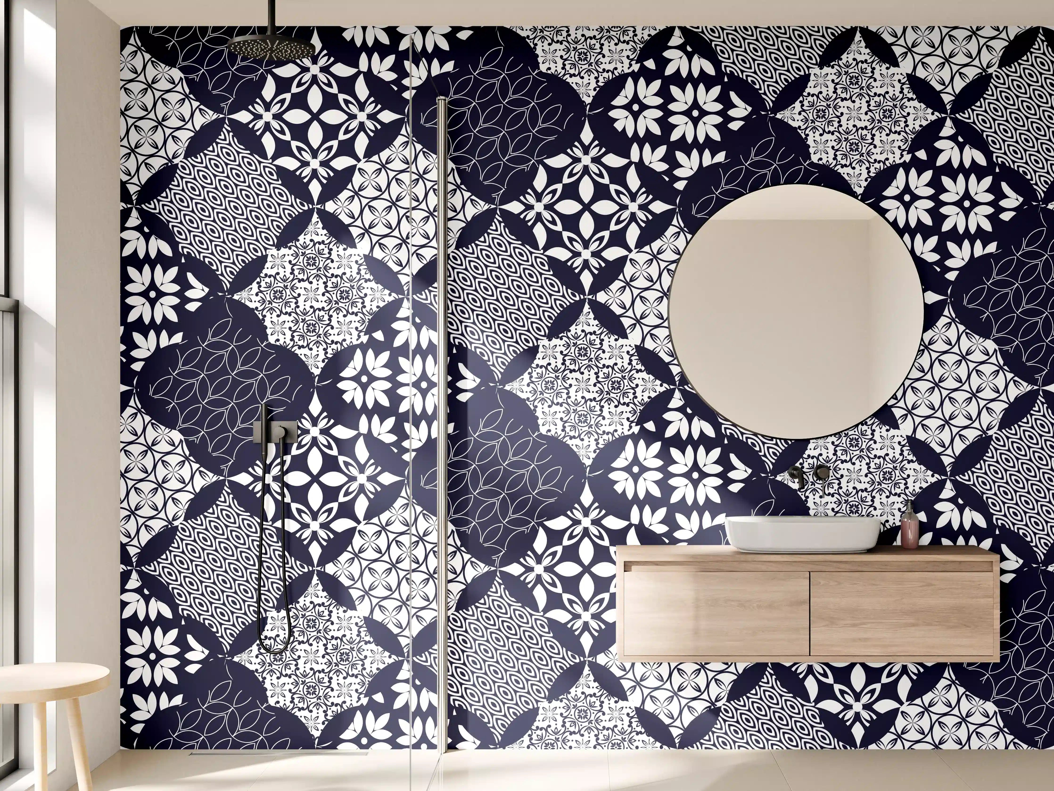 Wandverkleidung Bad - Elegantes Blau-Weiß-Grau Muster