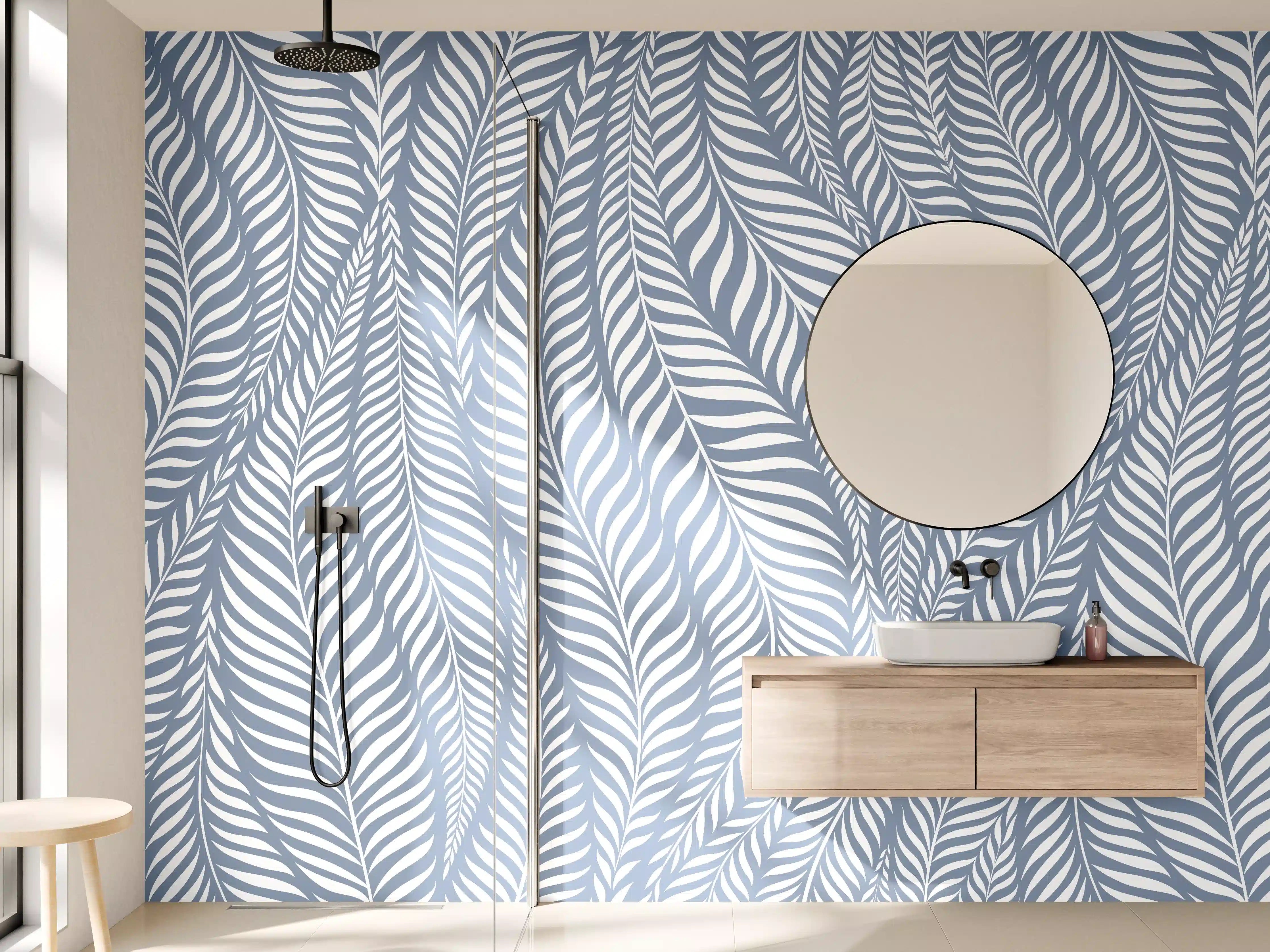 Wandverkleidung Bad - Elegantes Blau und Grau Blättermuster