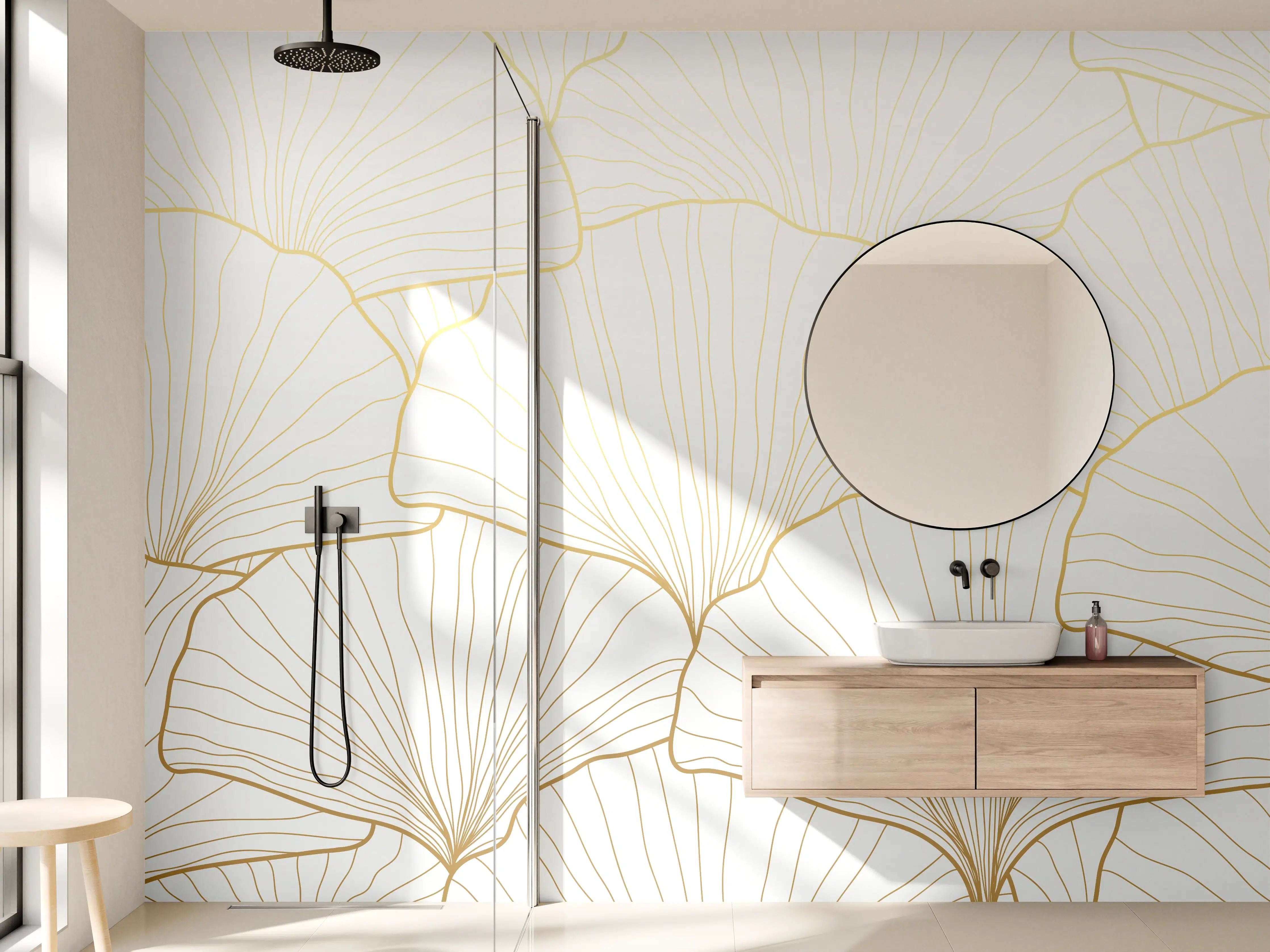 Wandverkleidung Bad - Elegantes Ginkgo-Blatt Design Weiß-Gold