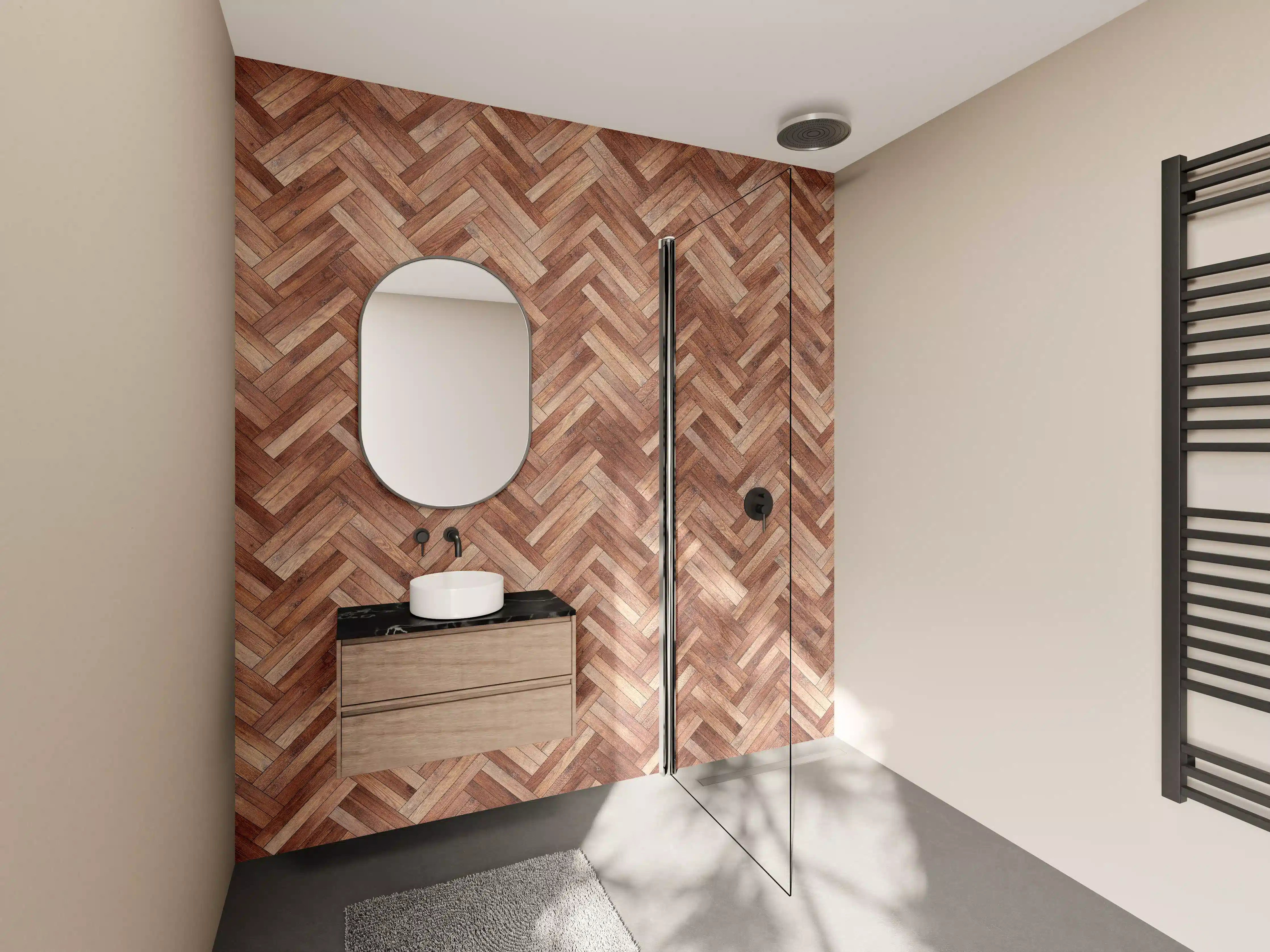 Wandverkleidung Bad - Elegantes Grauwandpaneel in Holzoptik
