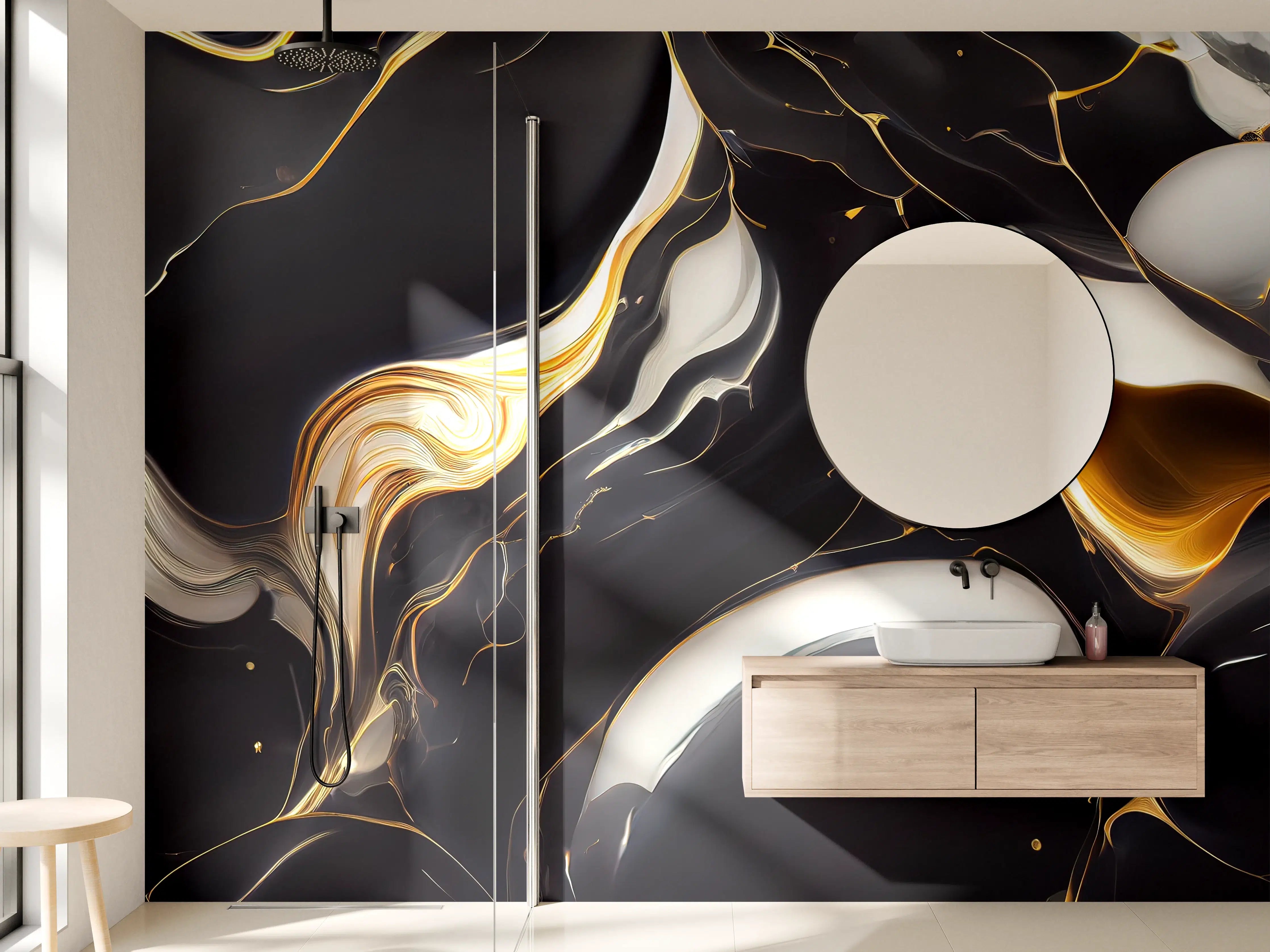 Wandverkleidung Bad - Elegantes Marmor-Design in Schwarz-Gold & Grau