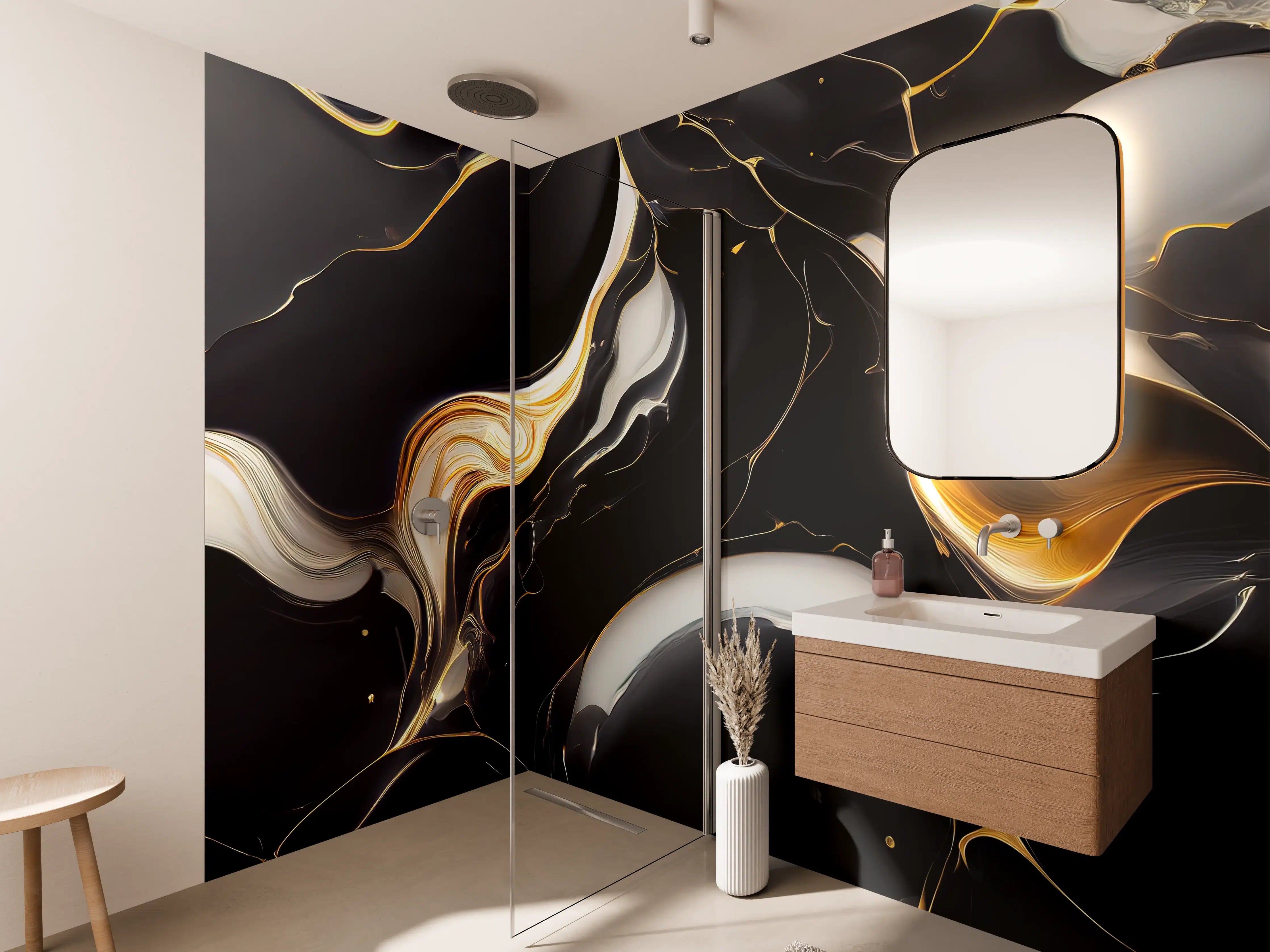 Wandverkleidung Bad - Elegantes Marmor-Design in Schwarz-Gold & Grau