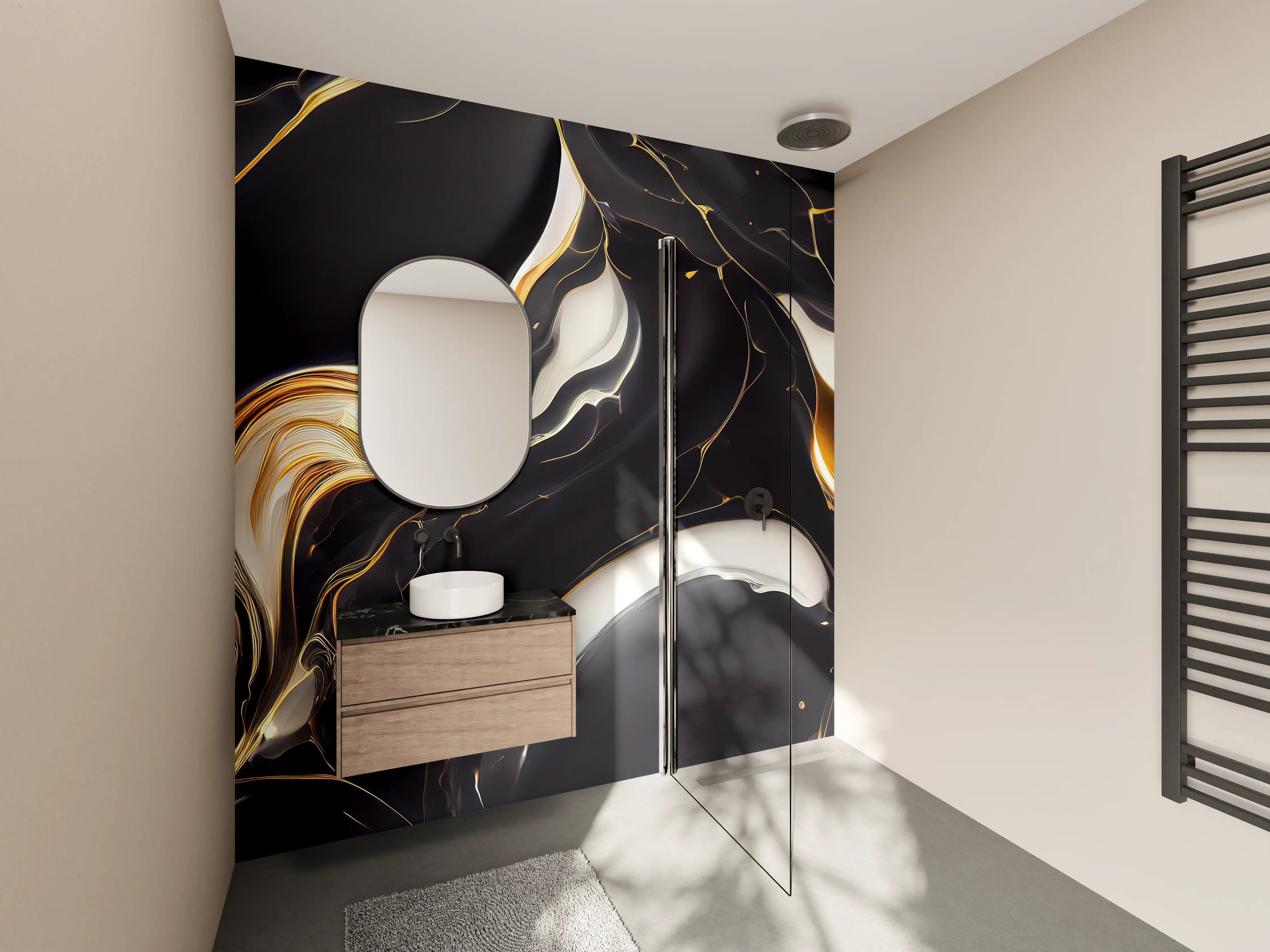Wandverkleidung Bad - Elegantes Marmor-Design in Schwarz-Gold & Grau