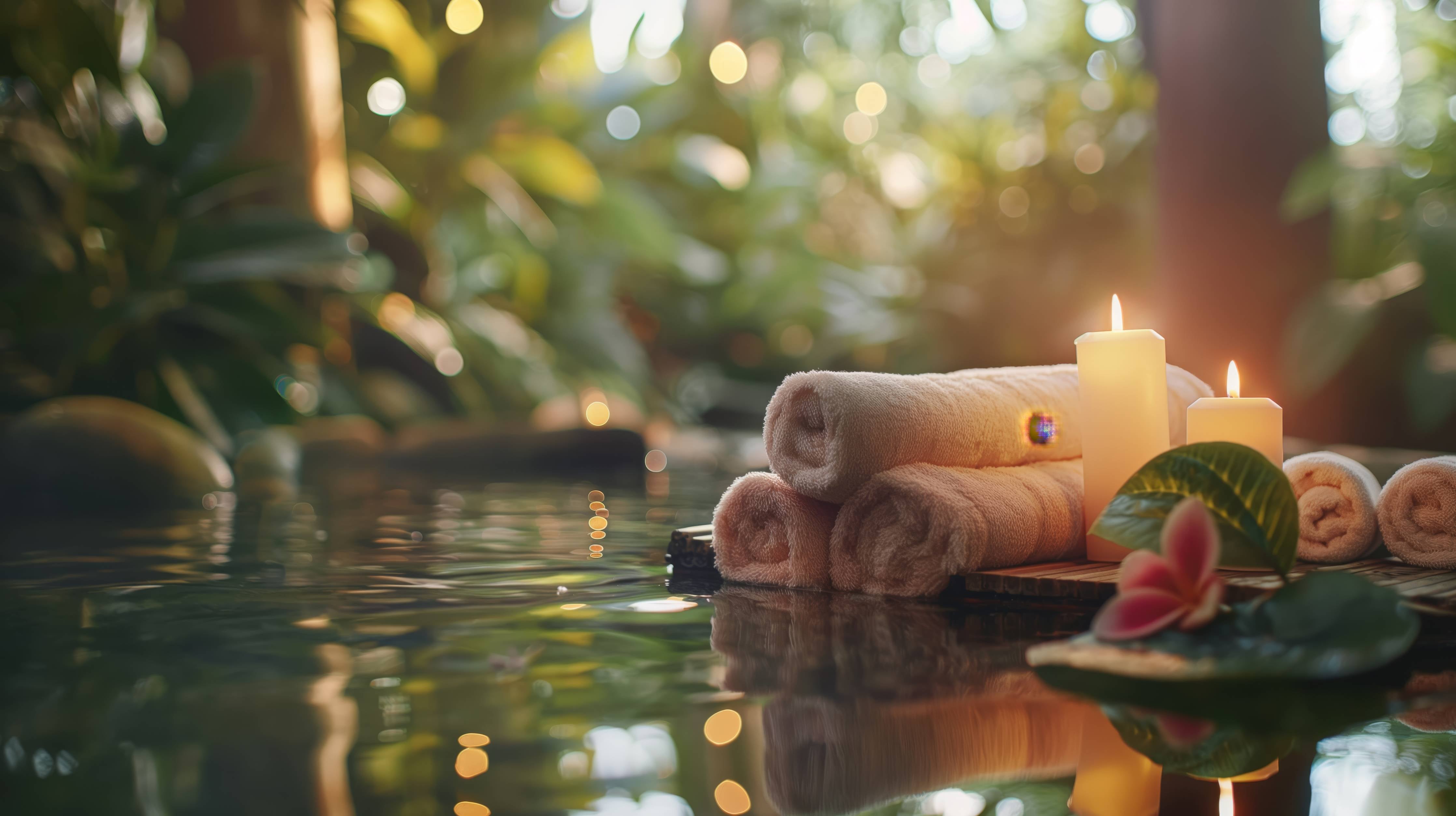 Wandverkleidung Bad-Entspannende Spa-Atmosphäre mit Handtüchern und Kerzen