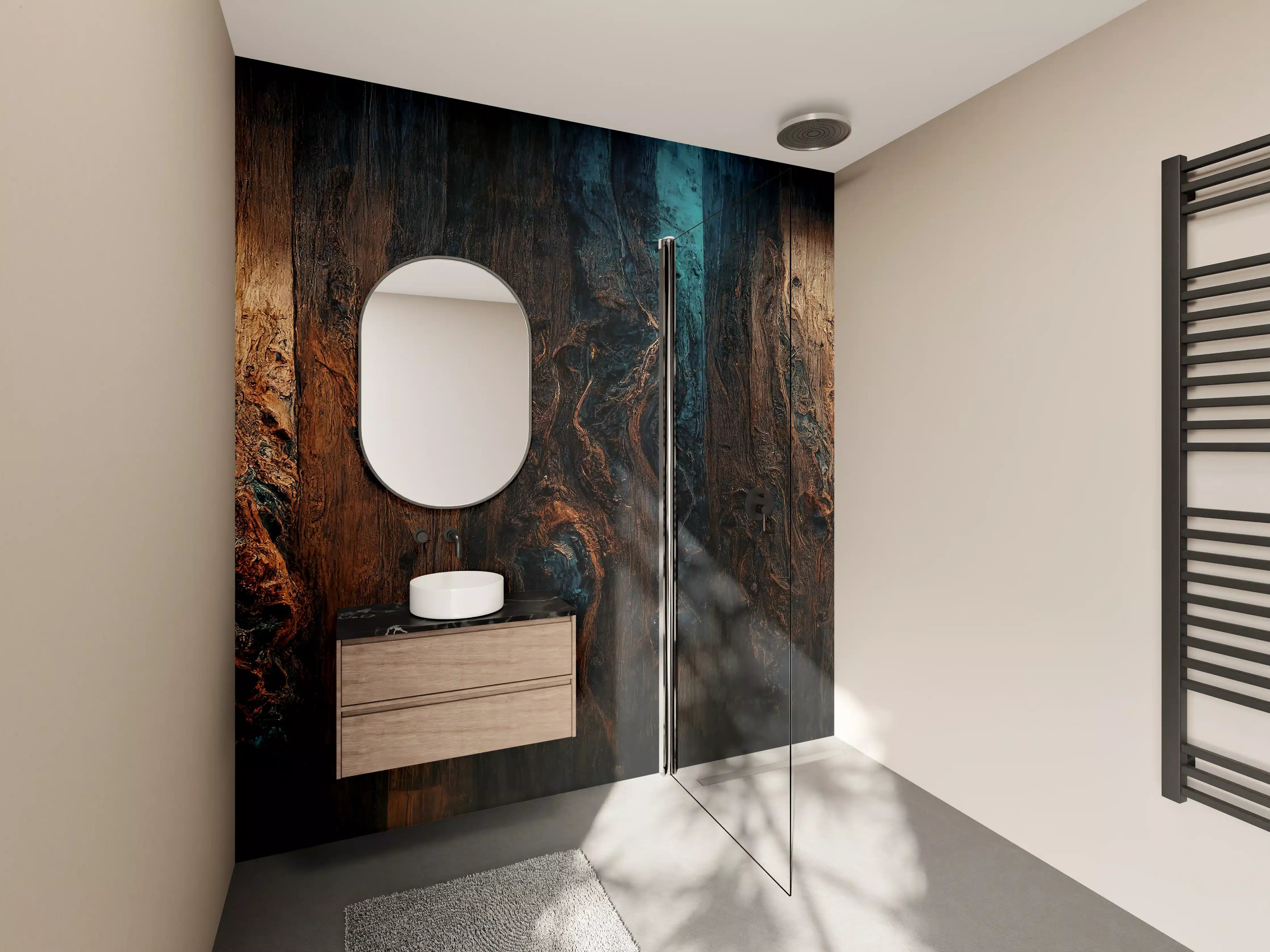 Wandverkleidung Bad - Epoxy-Holztisch mit Blaueffekt