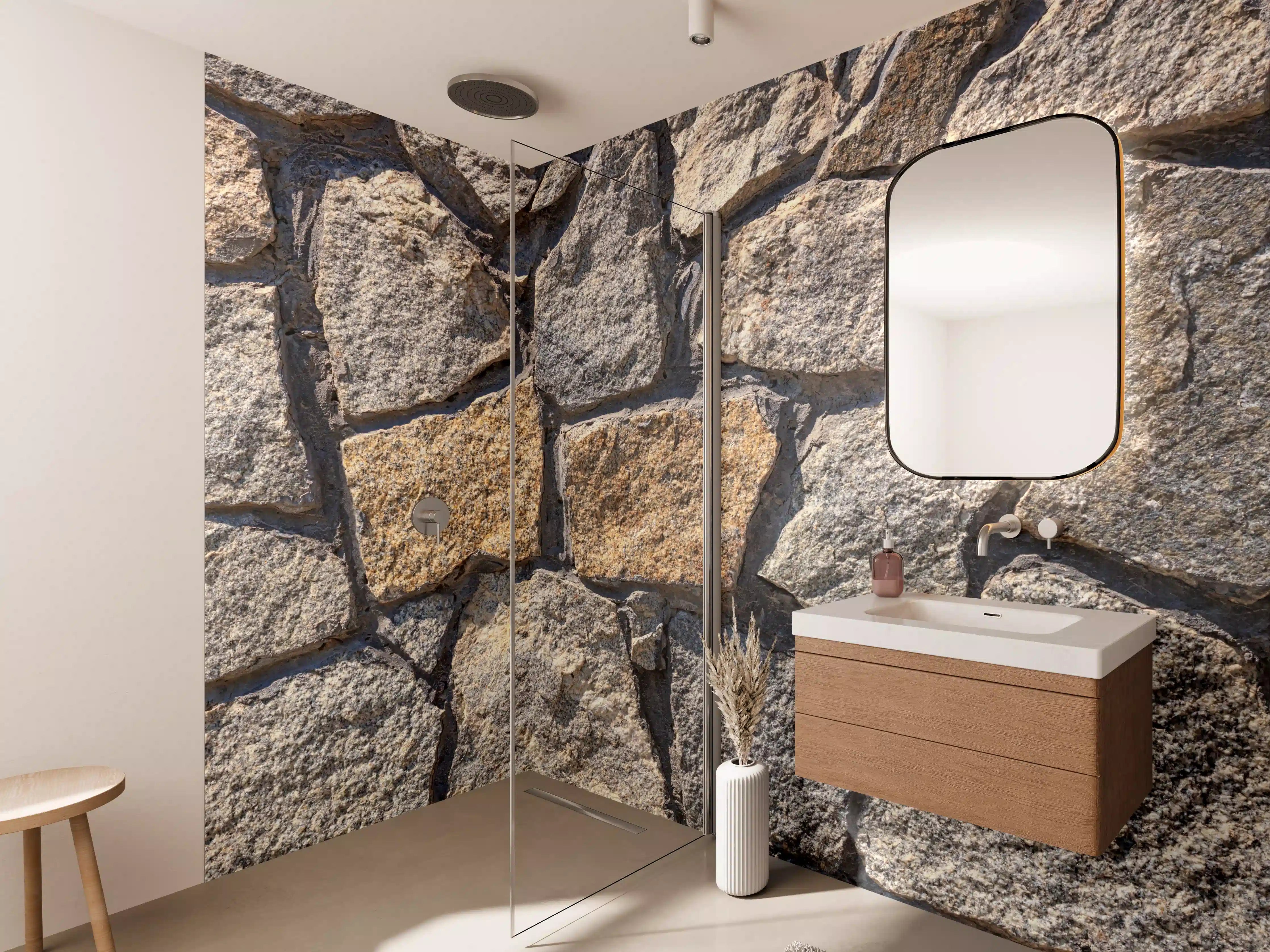 Wandverkleidung Bad - Erdige Grautöne in Natursteinwand