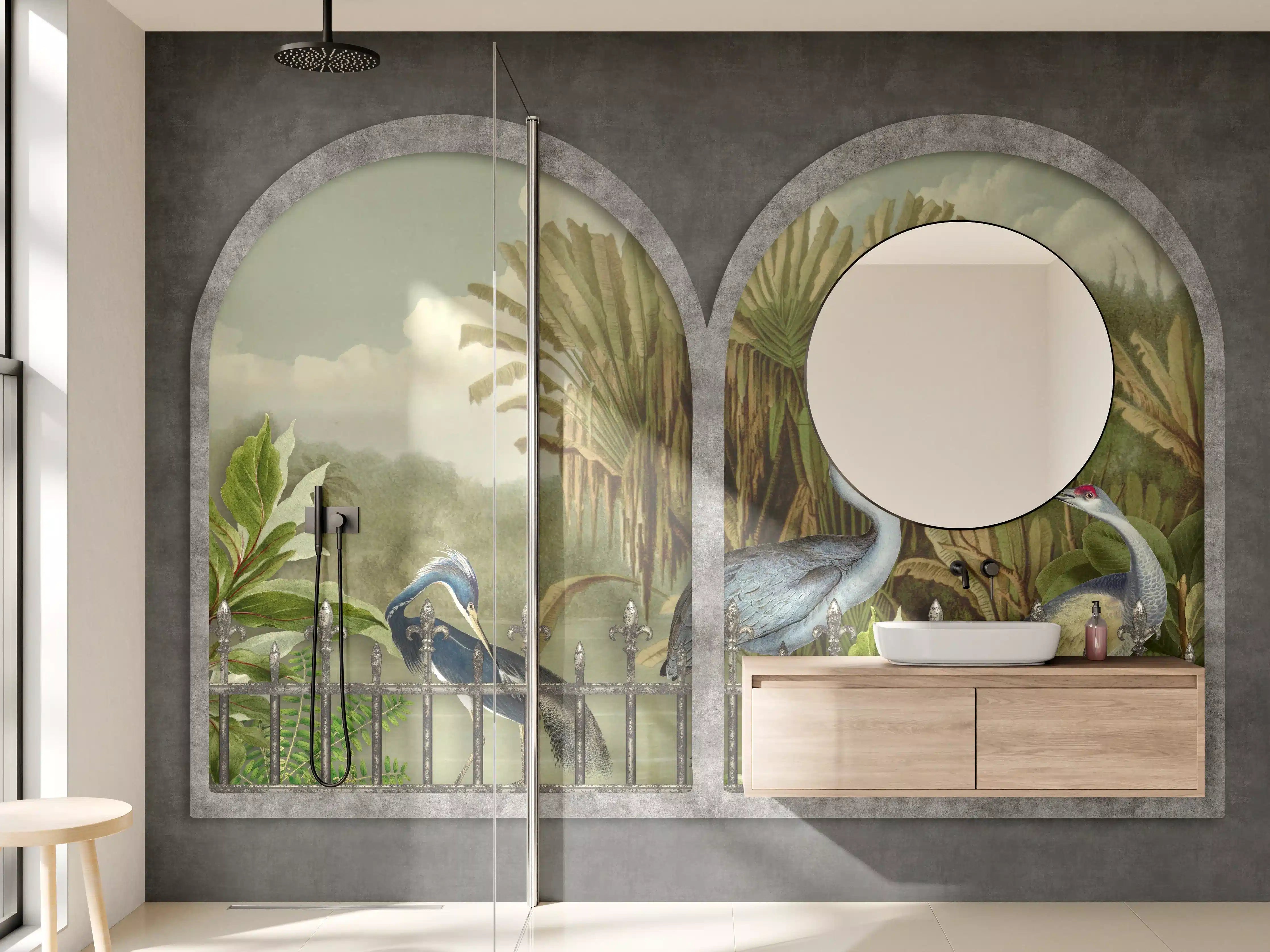 Wandverkleidung Bad - Exotische Kraniche Naturpanorama