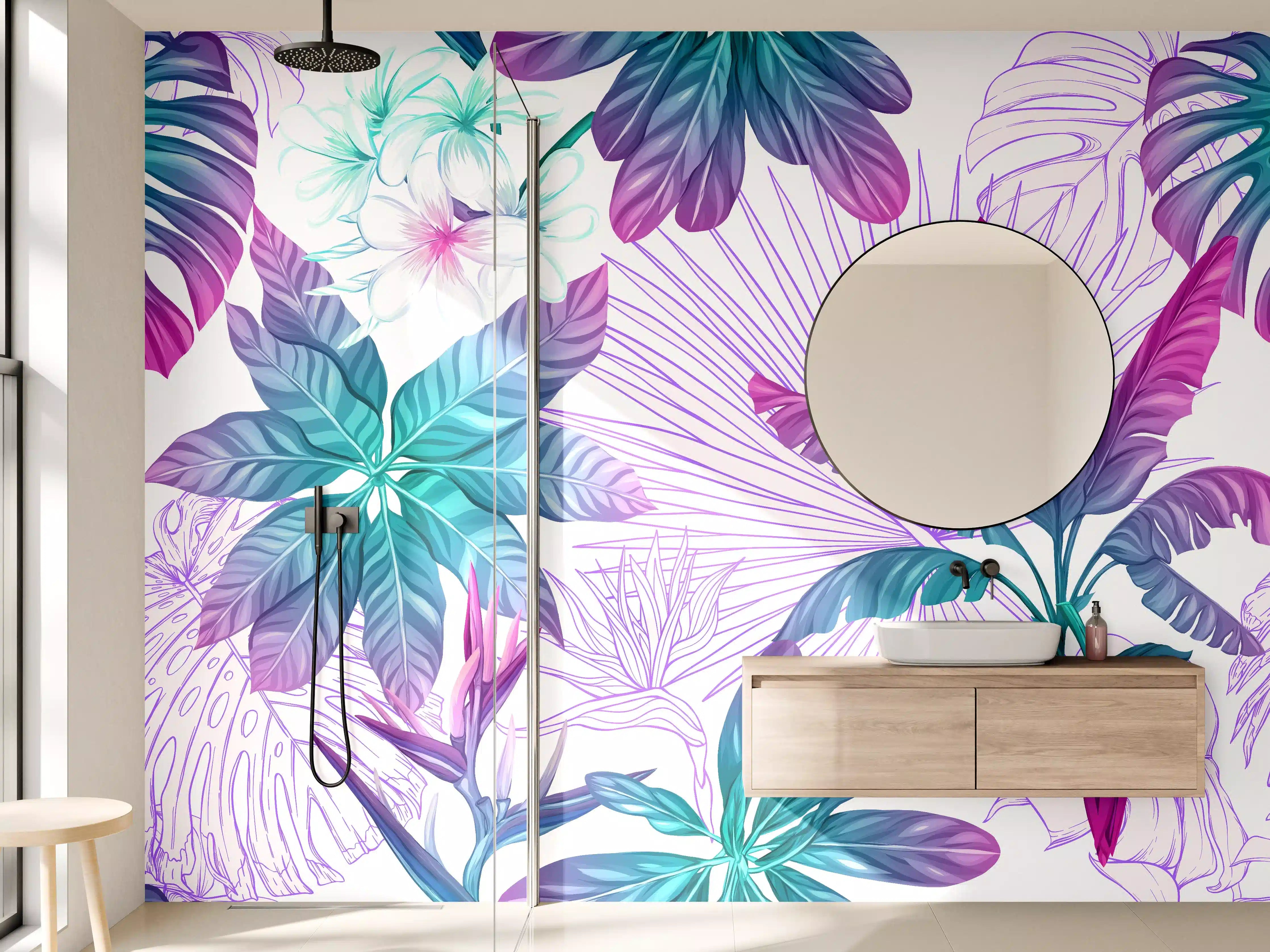 Wandverkleidung Bad - Exotische Pflanzenmuster Lila-Blau