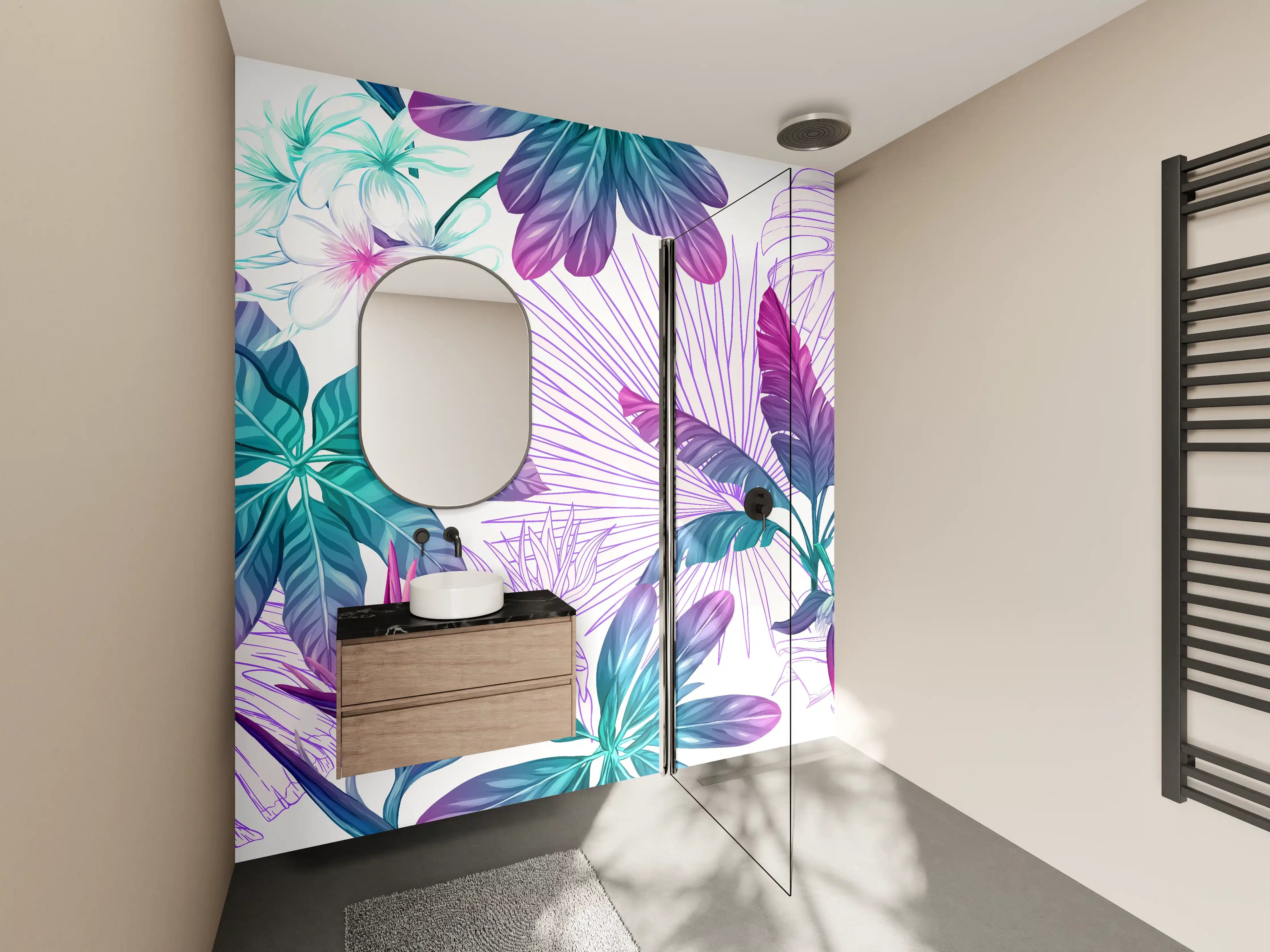 Wandverkleidung Bad - Exotische Pflanzenmuster Lila-Blau