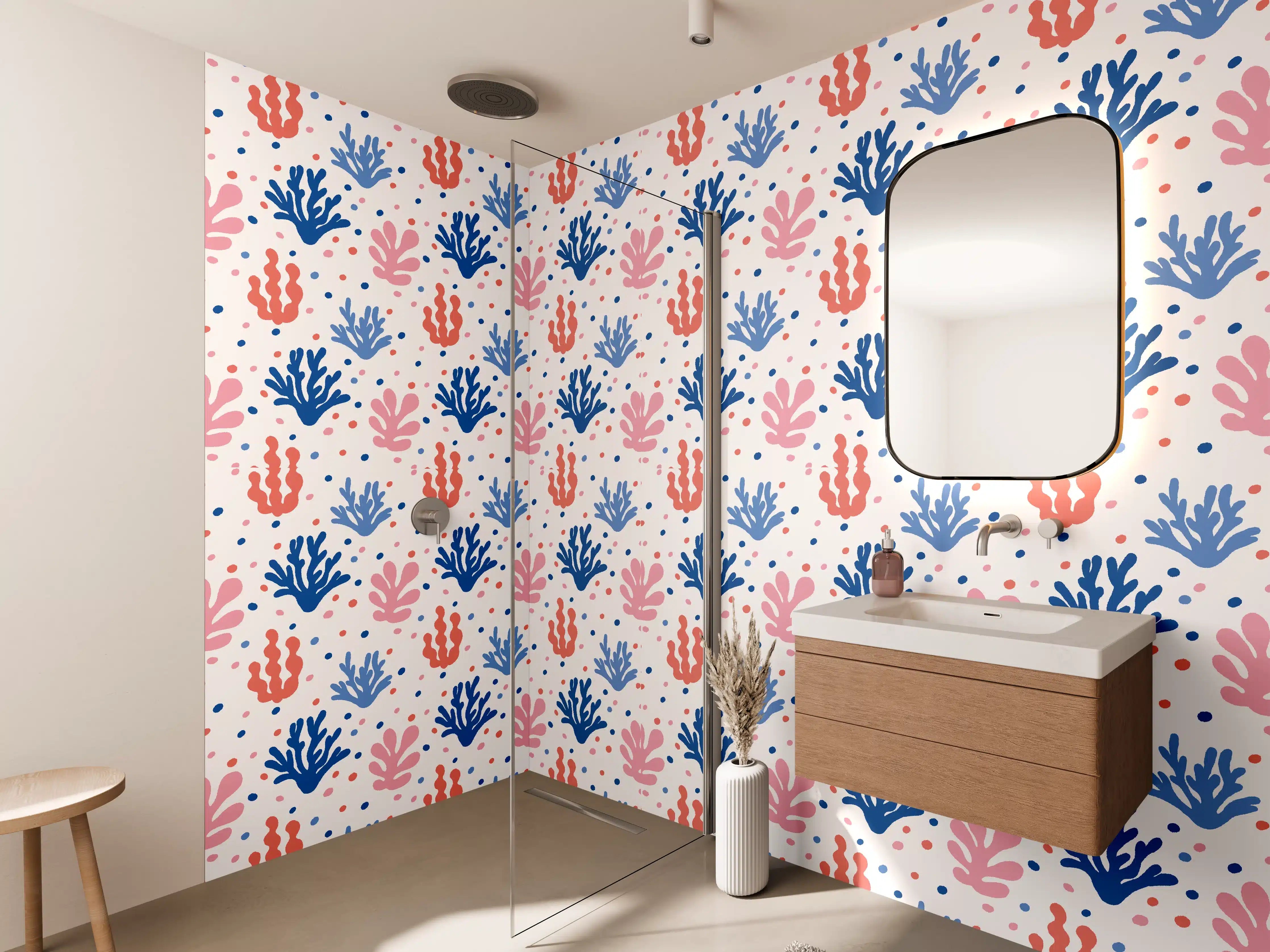 Wandverkleidung Bad - Exotisches Korallen-Design in Blau und Rosa