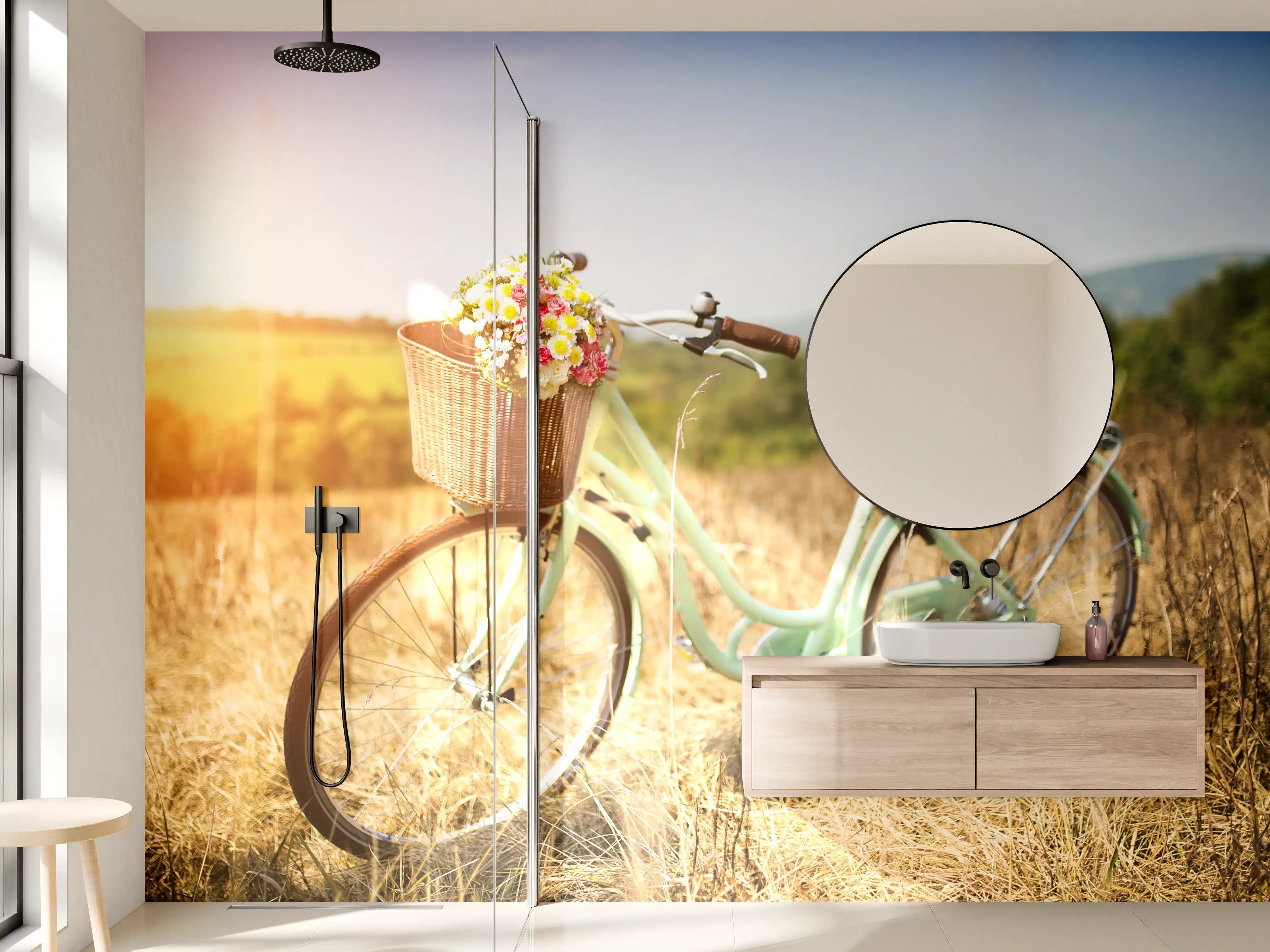 Wandverkleidung Bad - Fahrrad mit Blumenkorb auf Wiese 