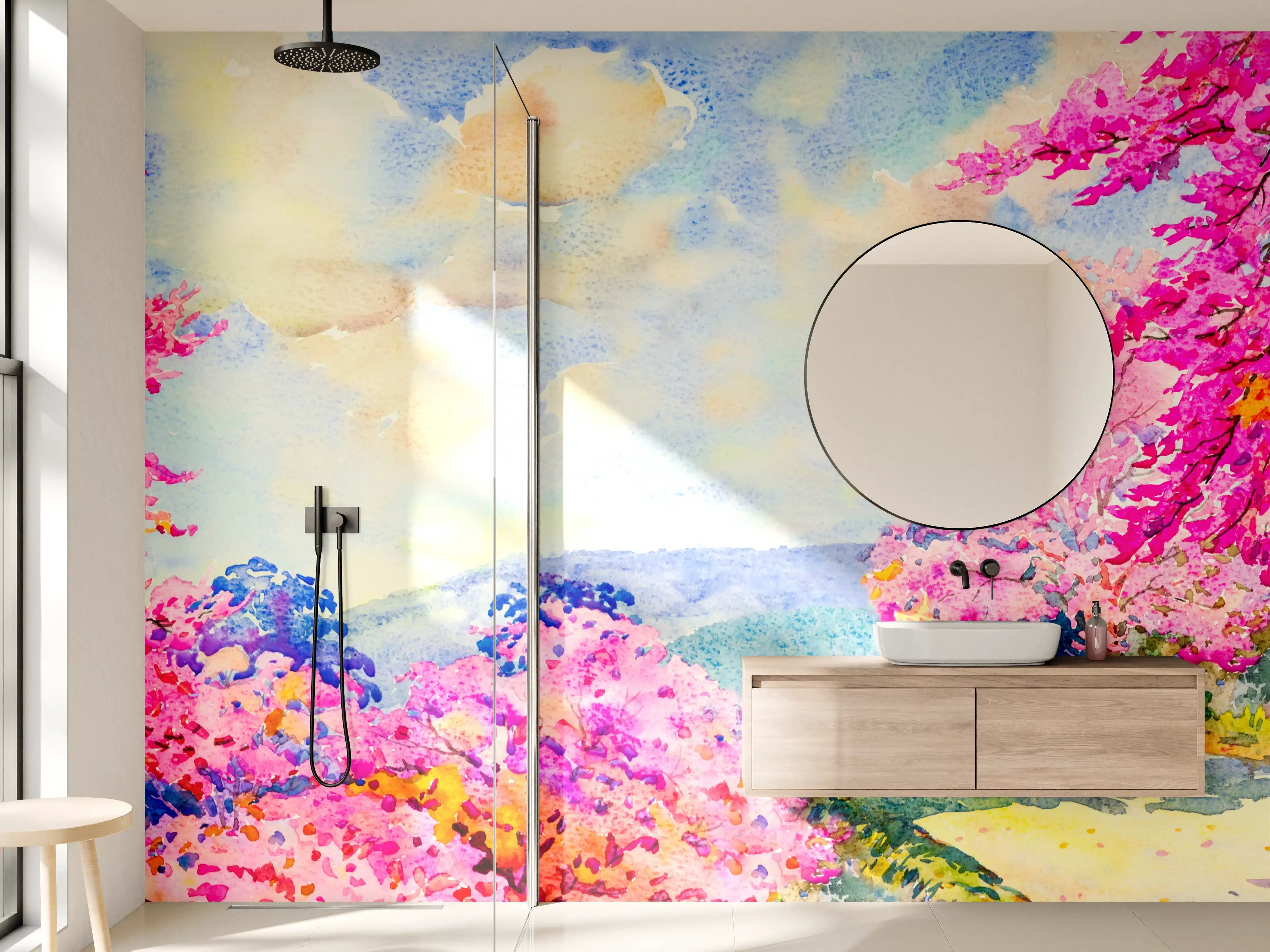 Wandverkleidung Bad - Farbenfrohe Aquarell-Blumenlandschaft
