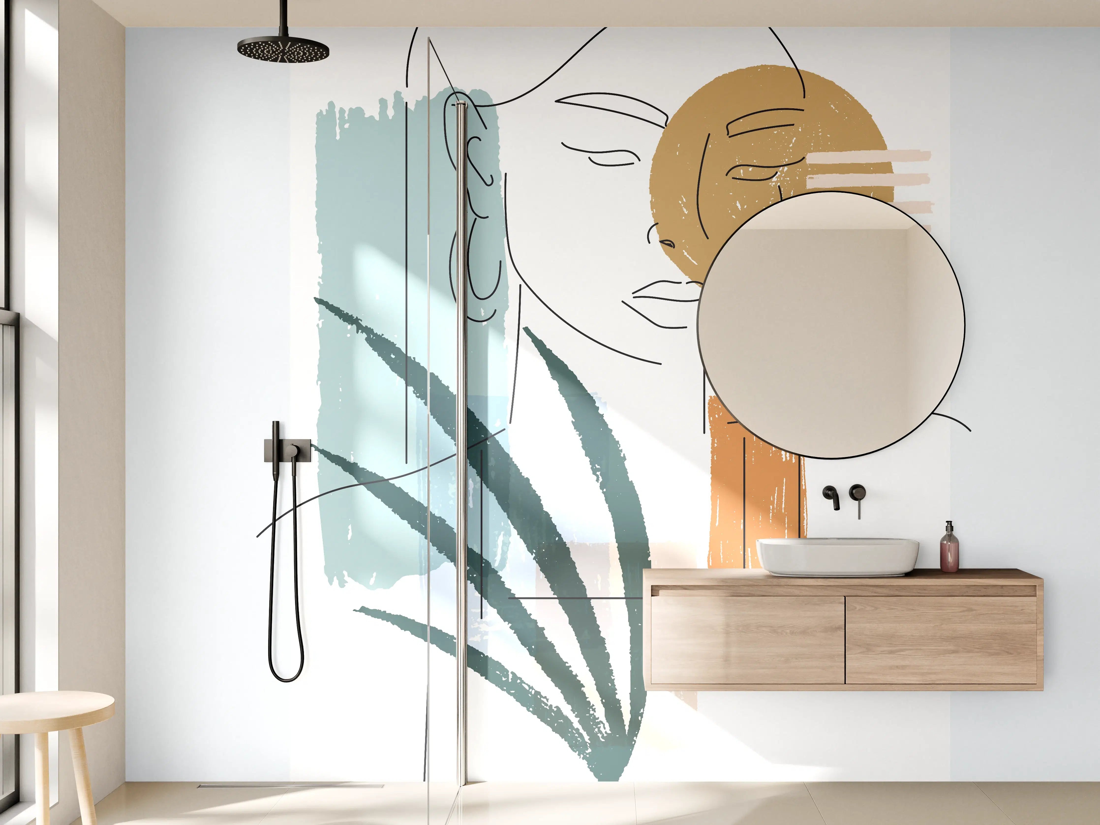 Wandverkleidung Bad - Farbenfrohe Linienkunst Figur