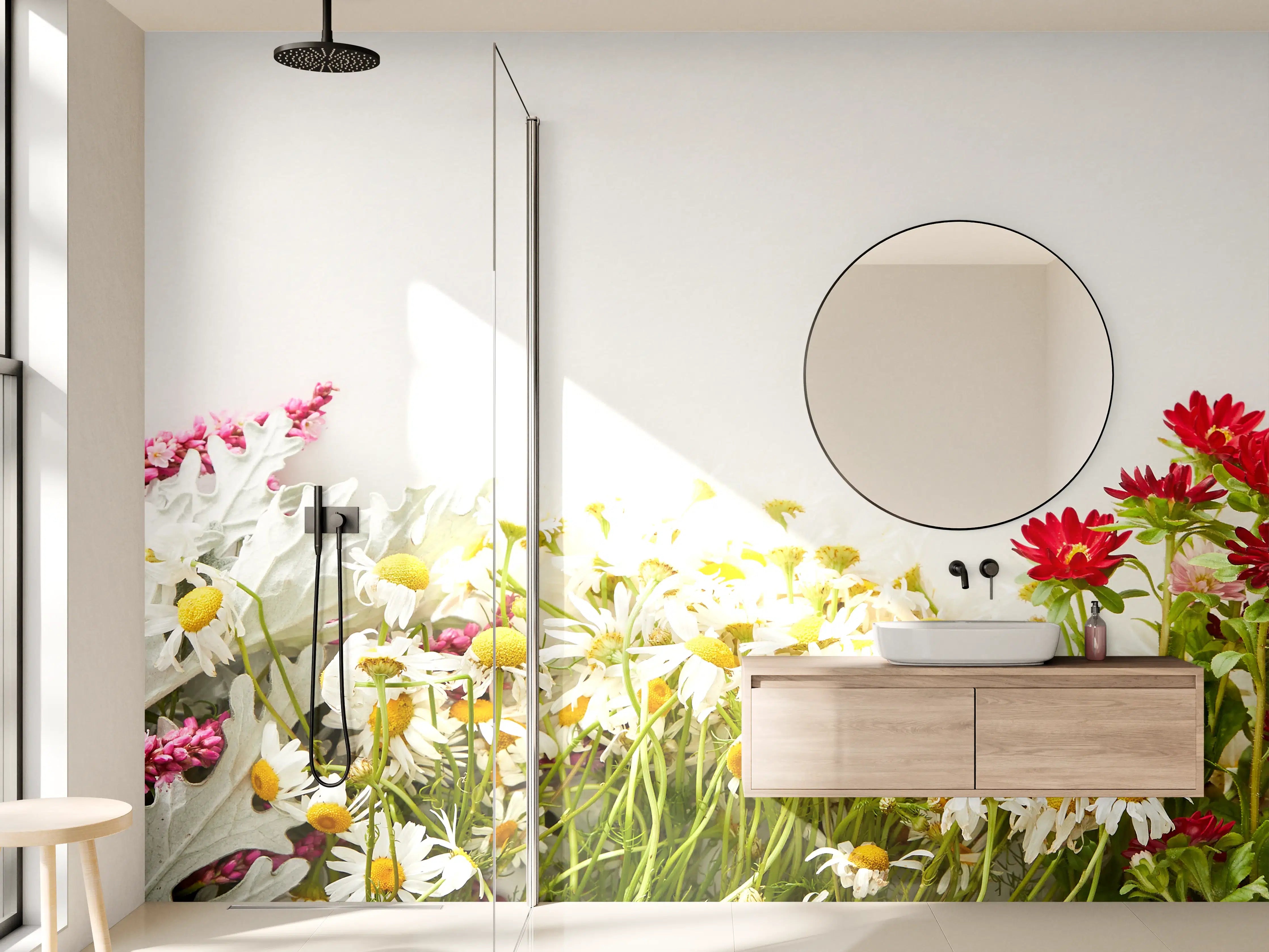 Wandverkleidung Bad - Farbenfroher Blumengarten mit bunten Blumen