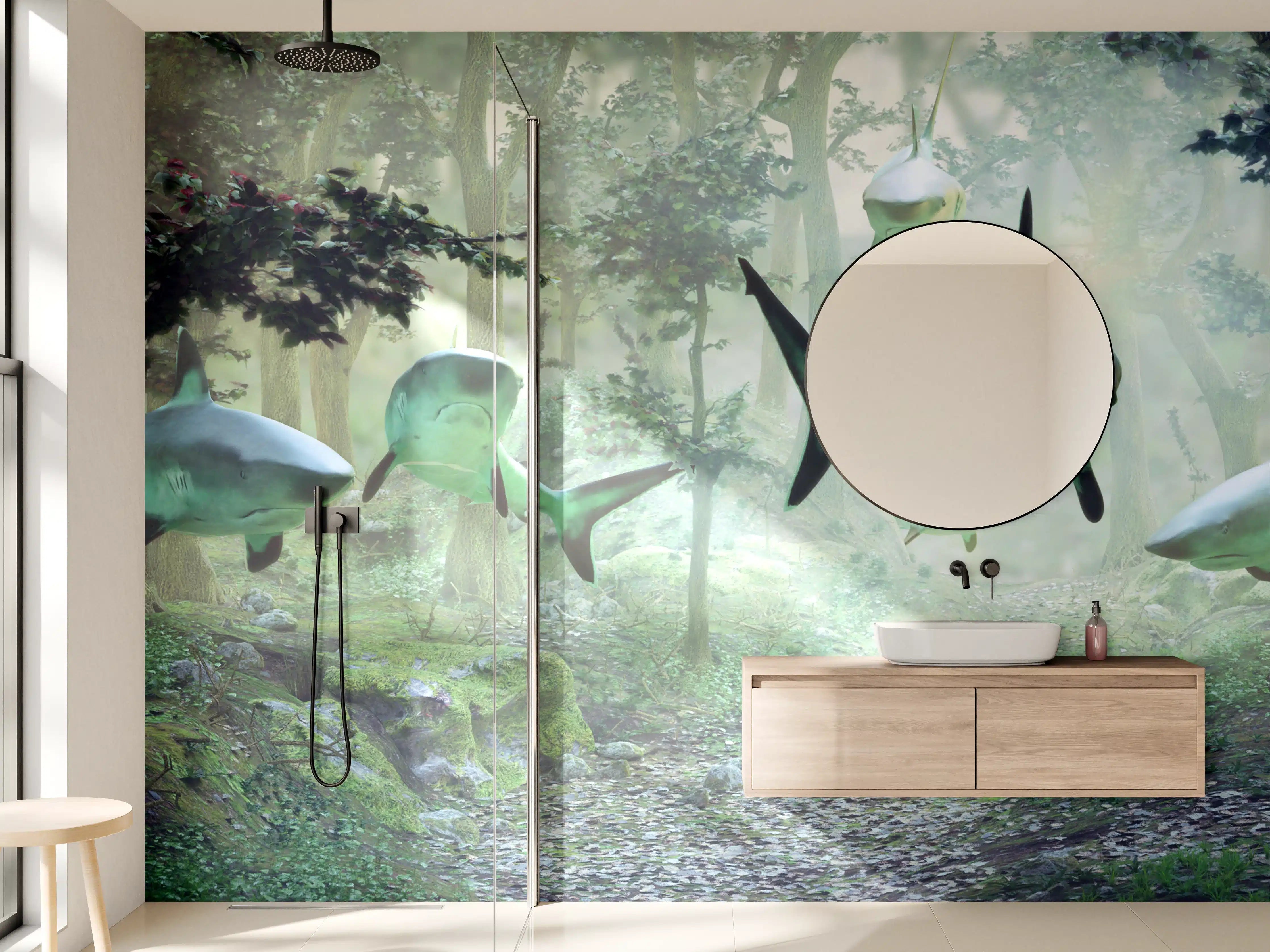Wandverkleidung Bad - Fischschwarm im mystischen Wald