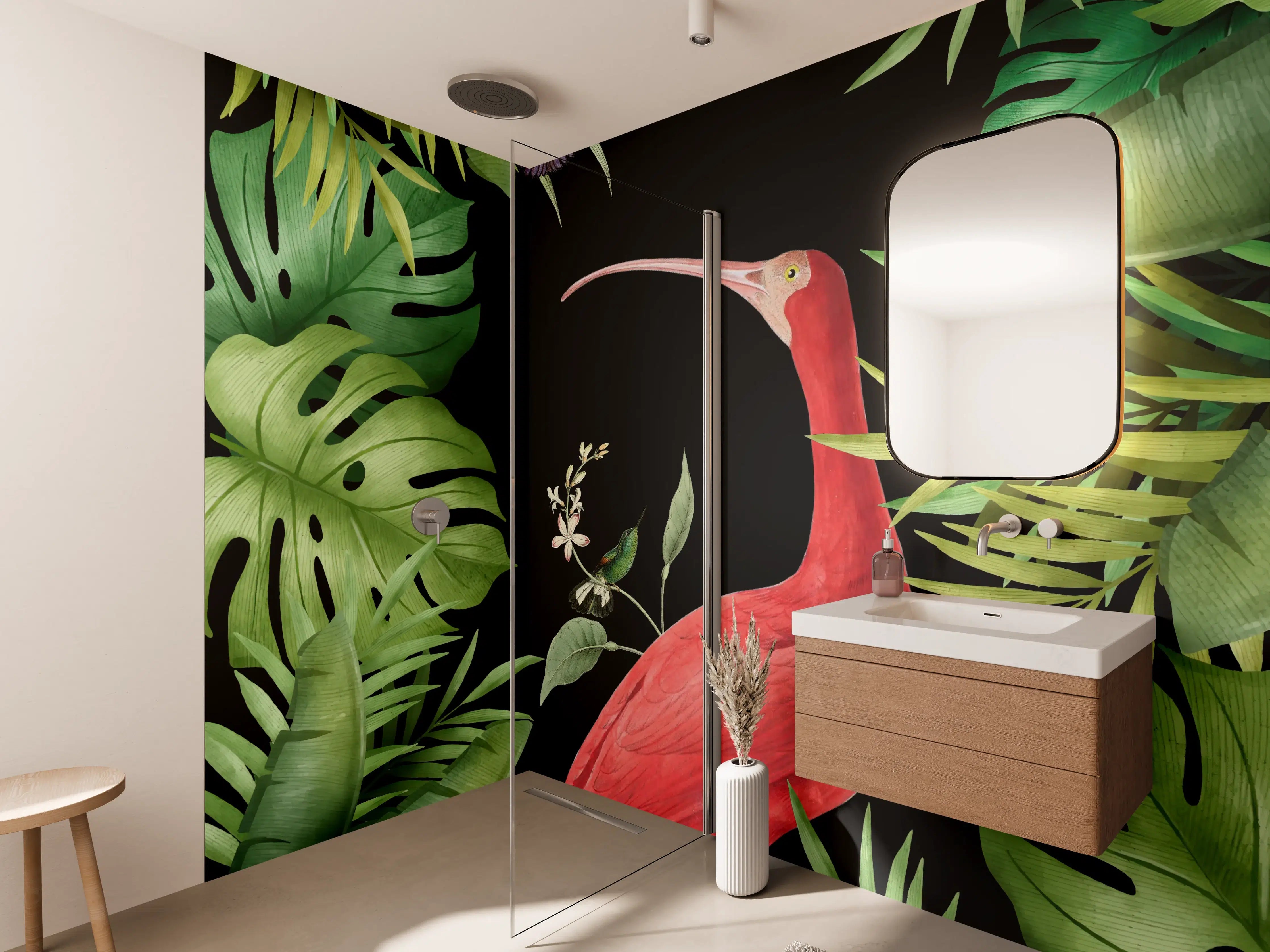 Wandverkleidung Bad - Flamingo im Pflanzenrahmen
