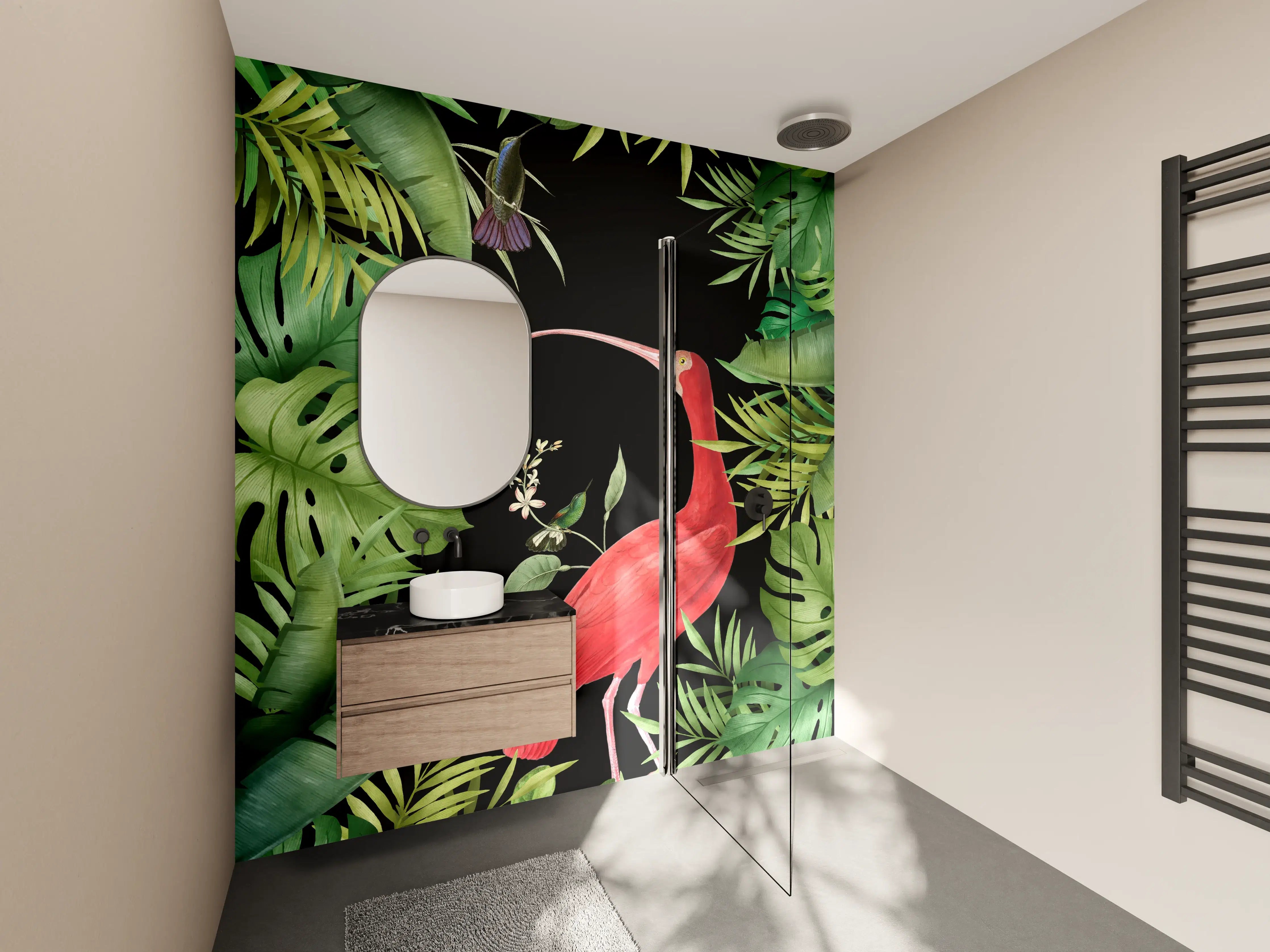 Wandverkleidung Bad - Flamingo im Pflanzenrahmen