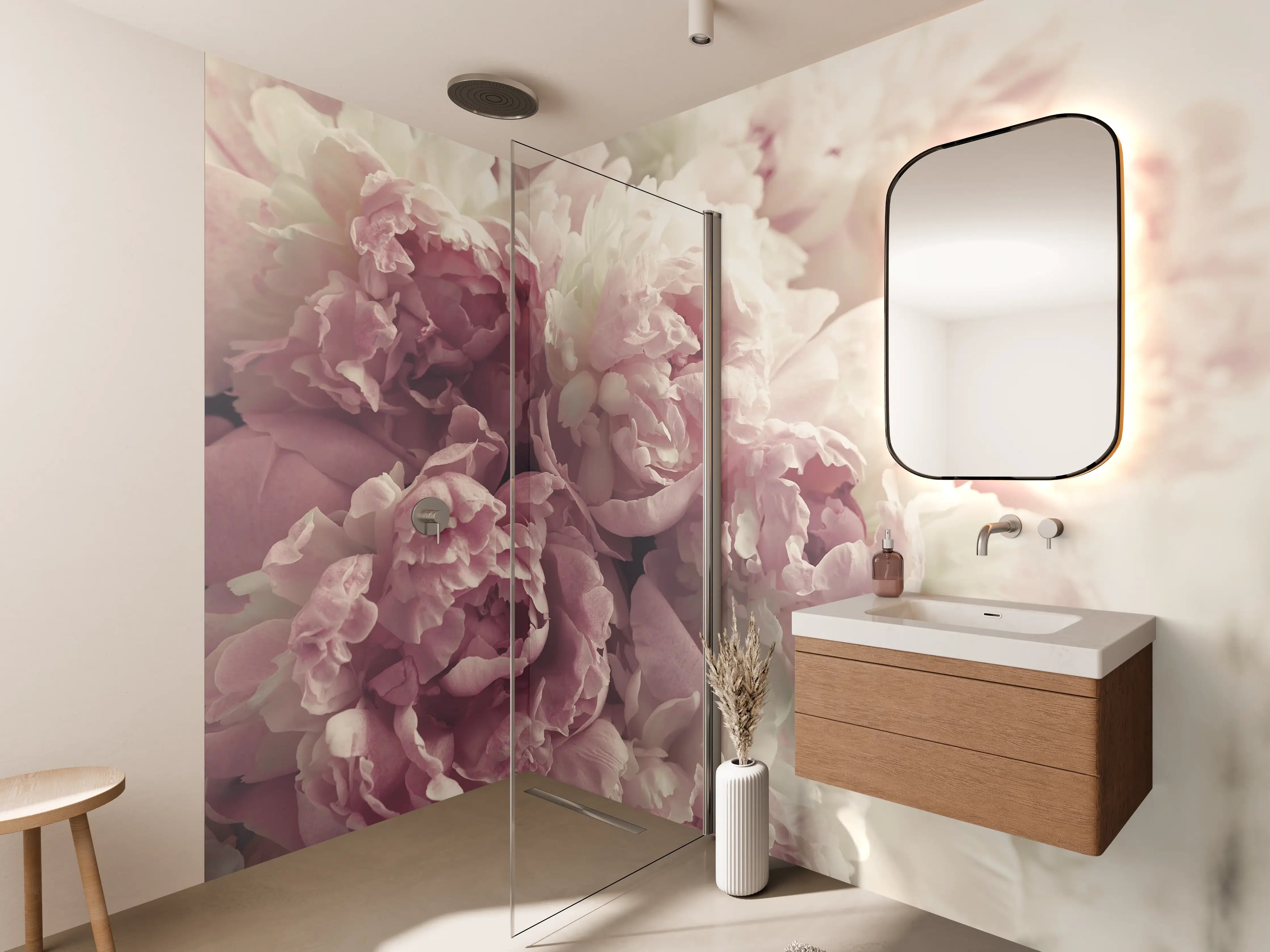 Wandverkleidung Bad - Flauschige rosa Pfingstrosen - Vintage
