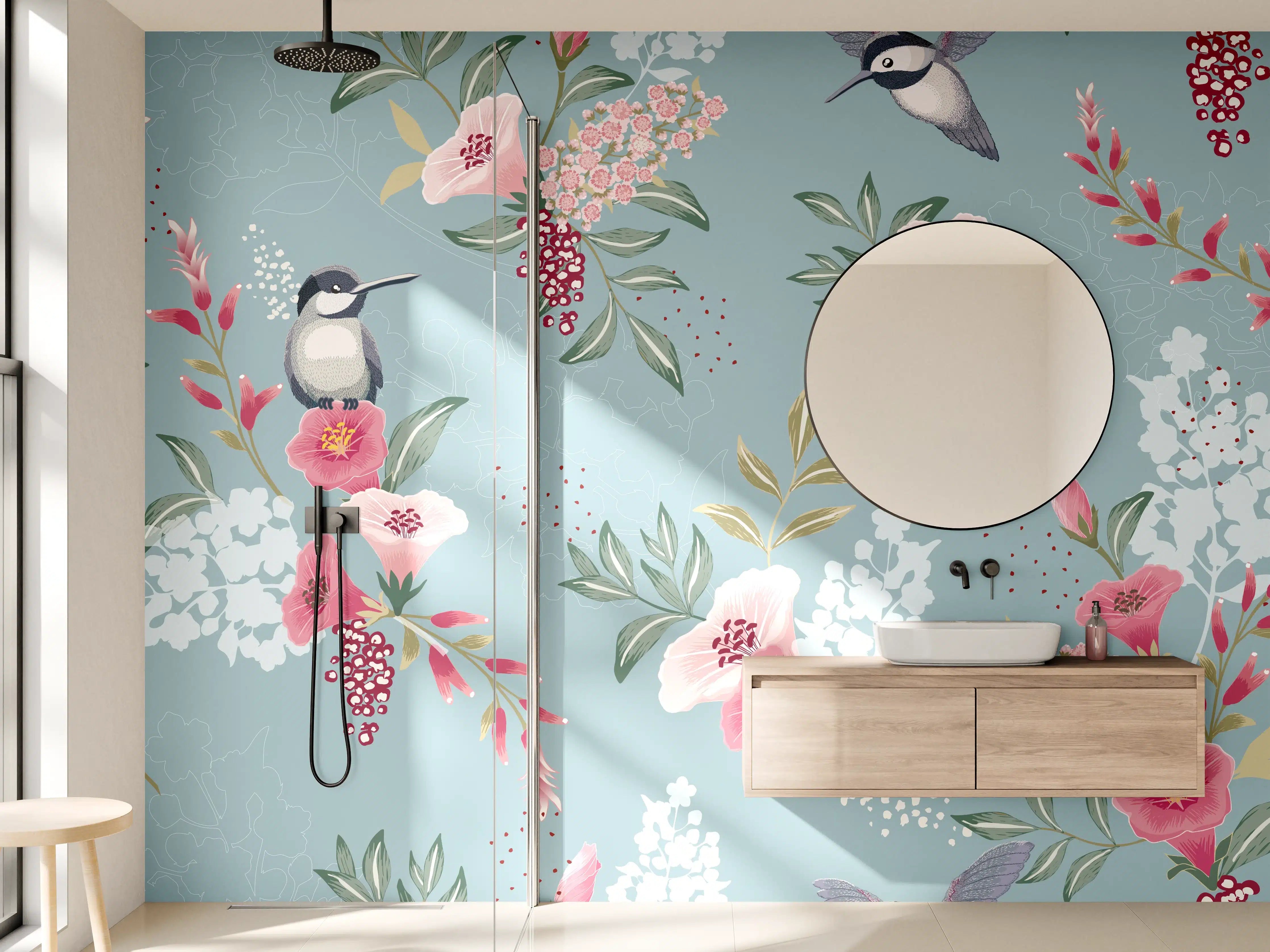 Wandverkleidung Bad - Floral-Bird-Muster Blaugrau