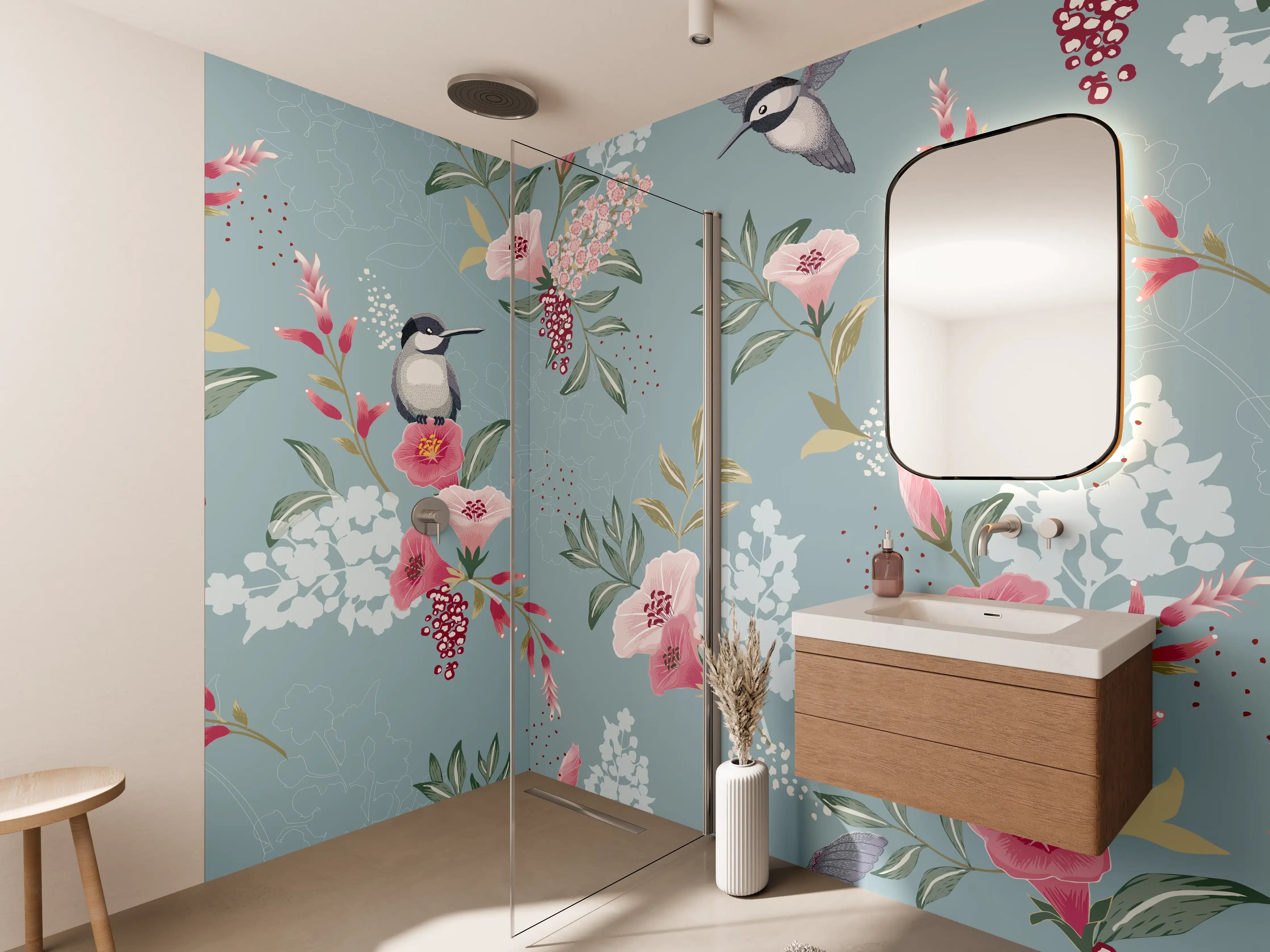 Wandverkleidung Bad - Floral-Bird-Muster Blaugrau