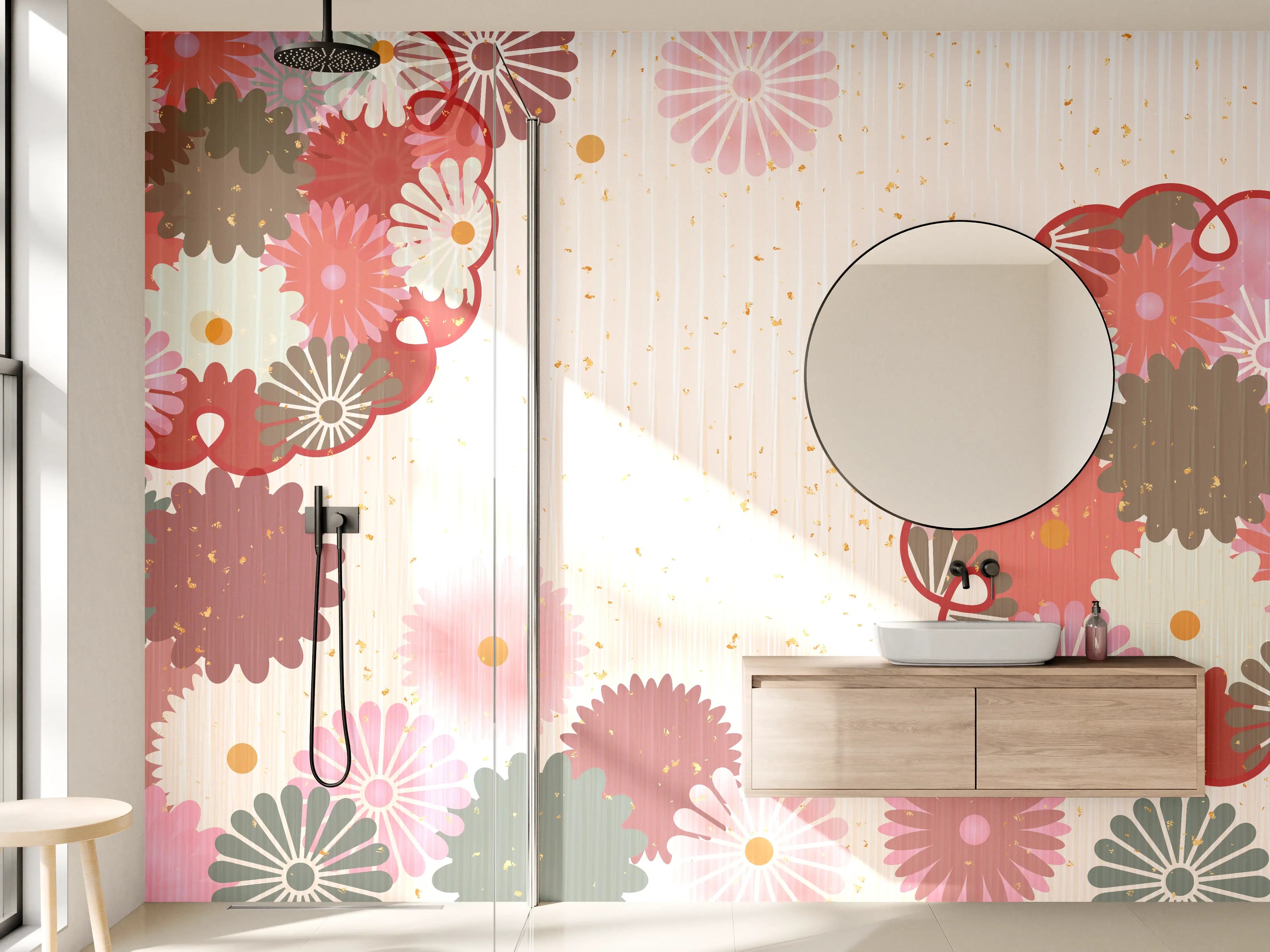 Wandverkleidung Bad - Floral Blumenmuster Beige Rot