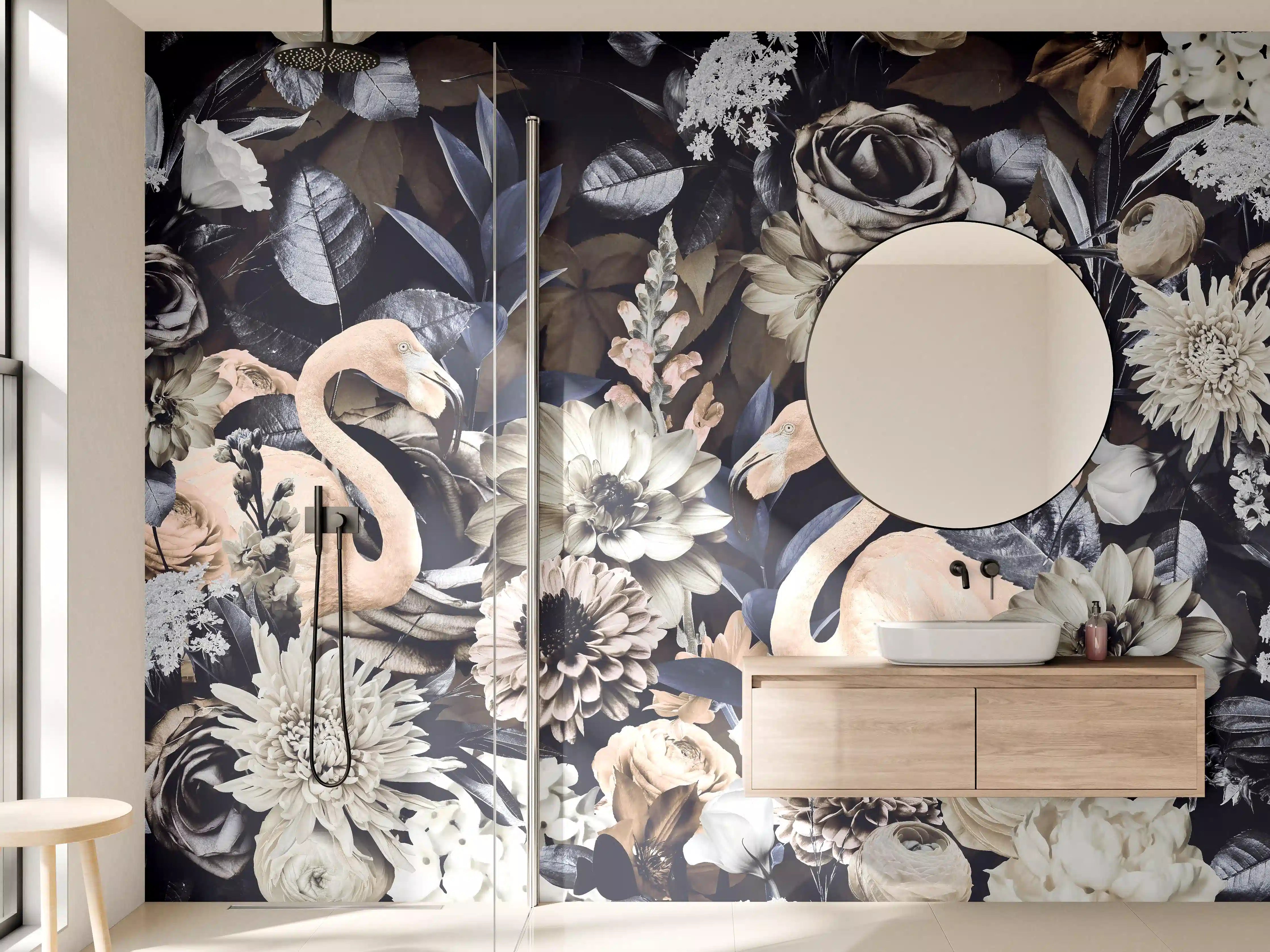 Wandverkleidung Bad - Floral-Flamingo Muster Grau-Weiß