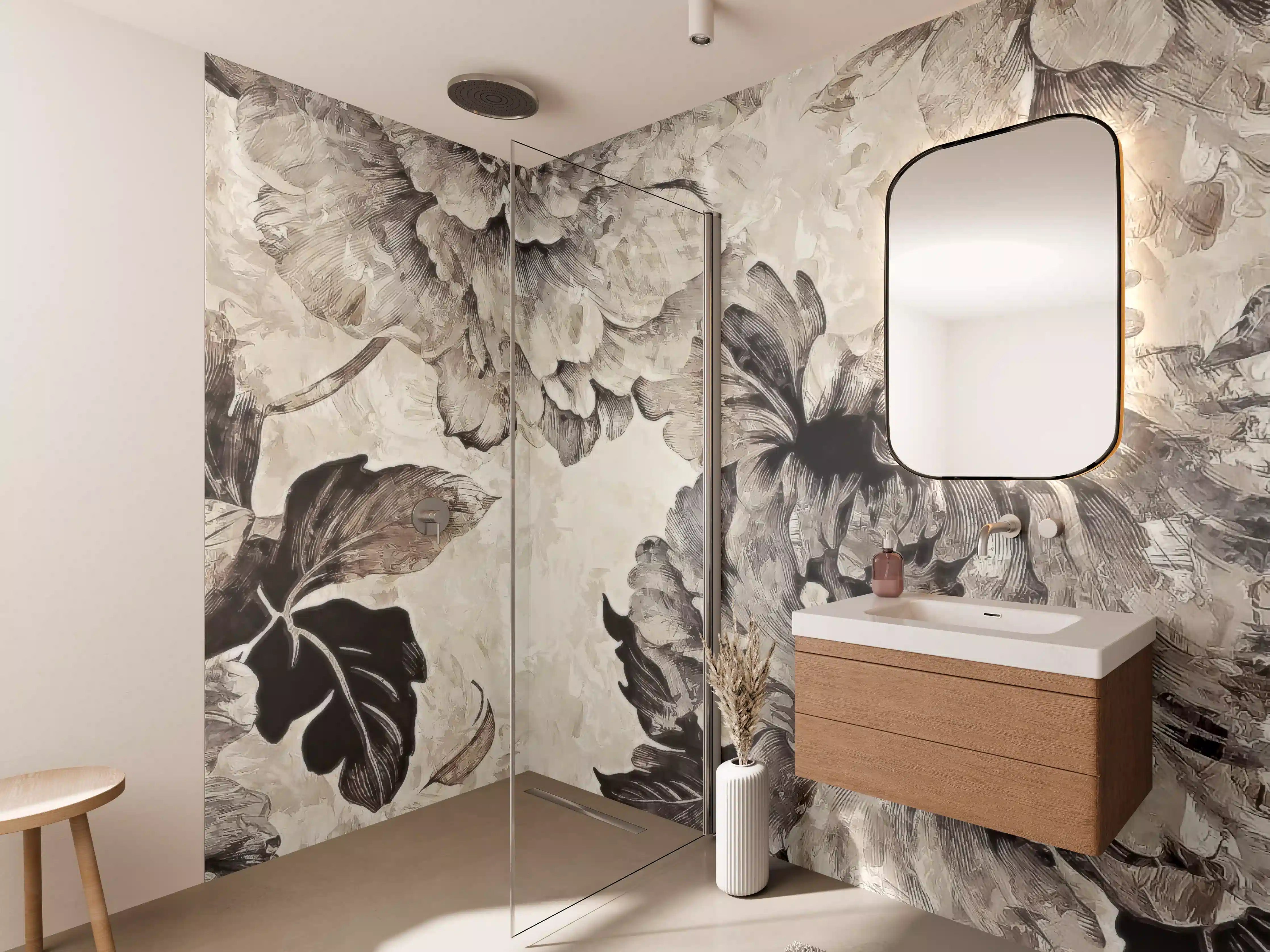 Wandverkleidung Bad - Floral Grau-Beige Kunstposter