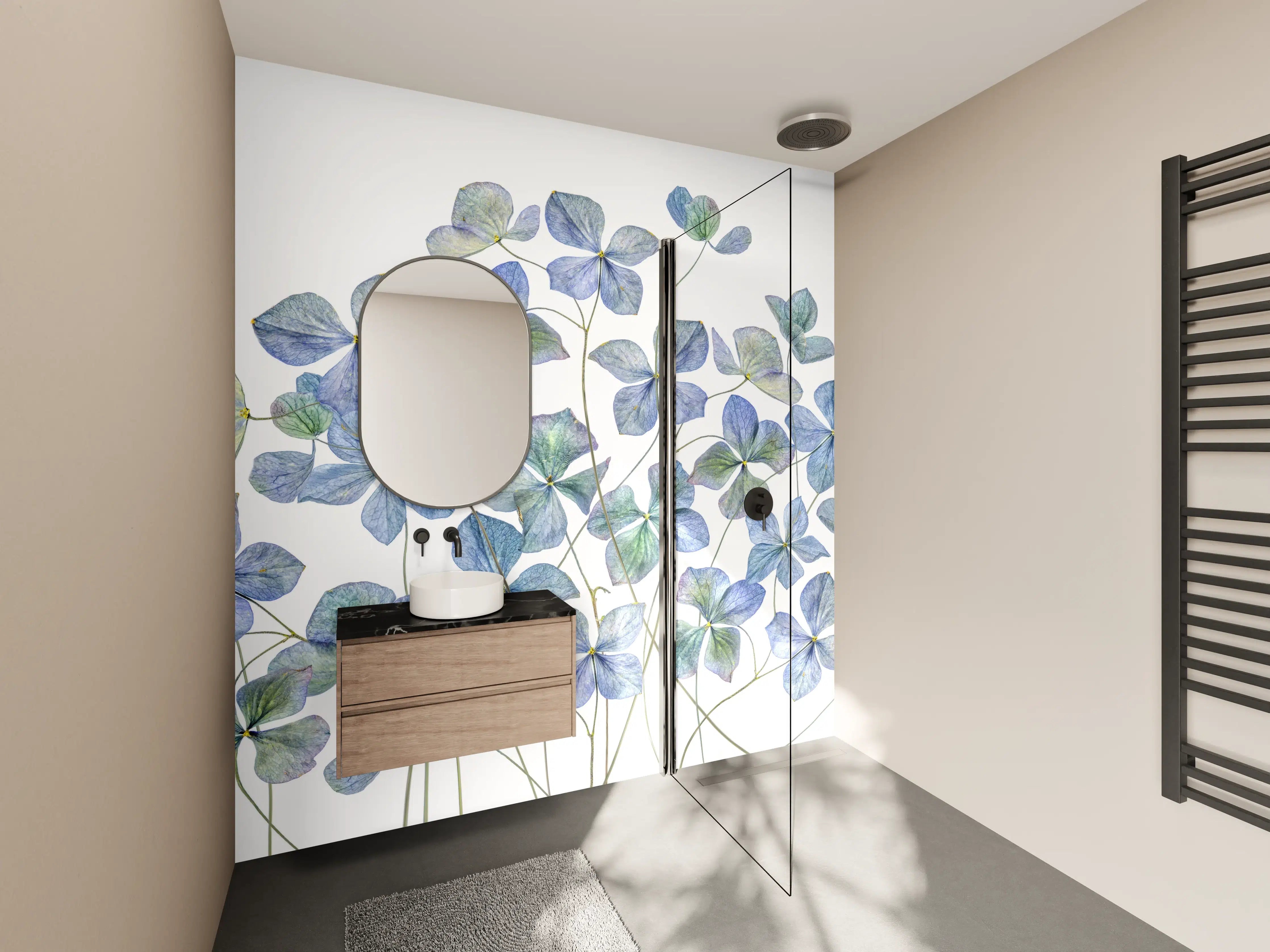 Wandverkleidung Bad - Florale Darstellung - Blaue Blumen
