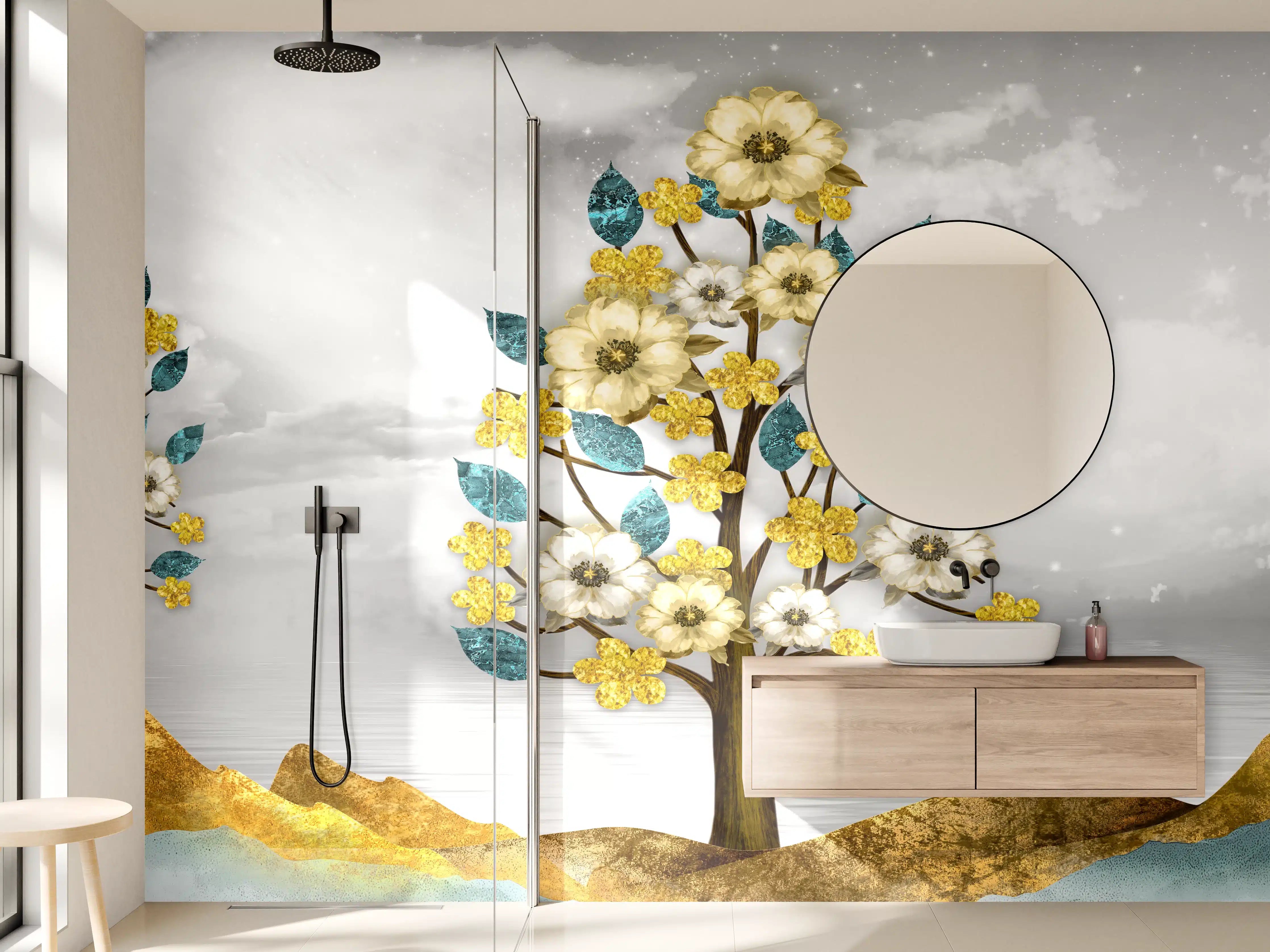 Wandverkleidung Bad - Florale Kunstmalerei - Natur