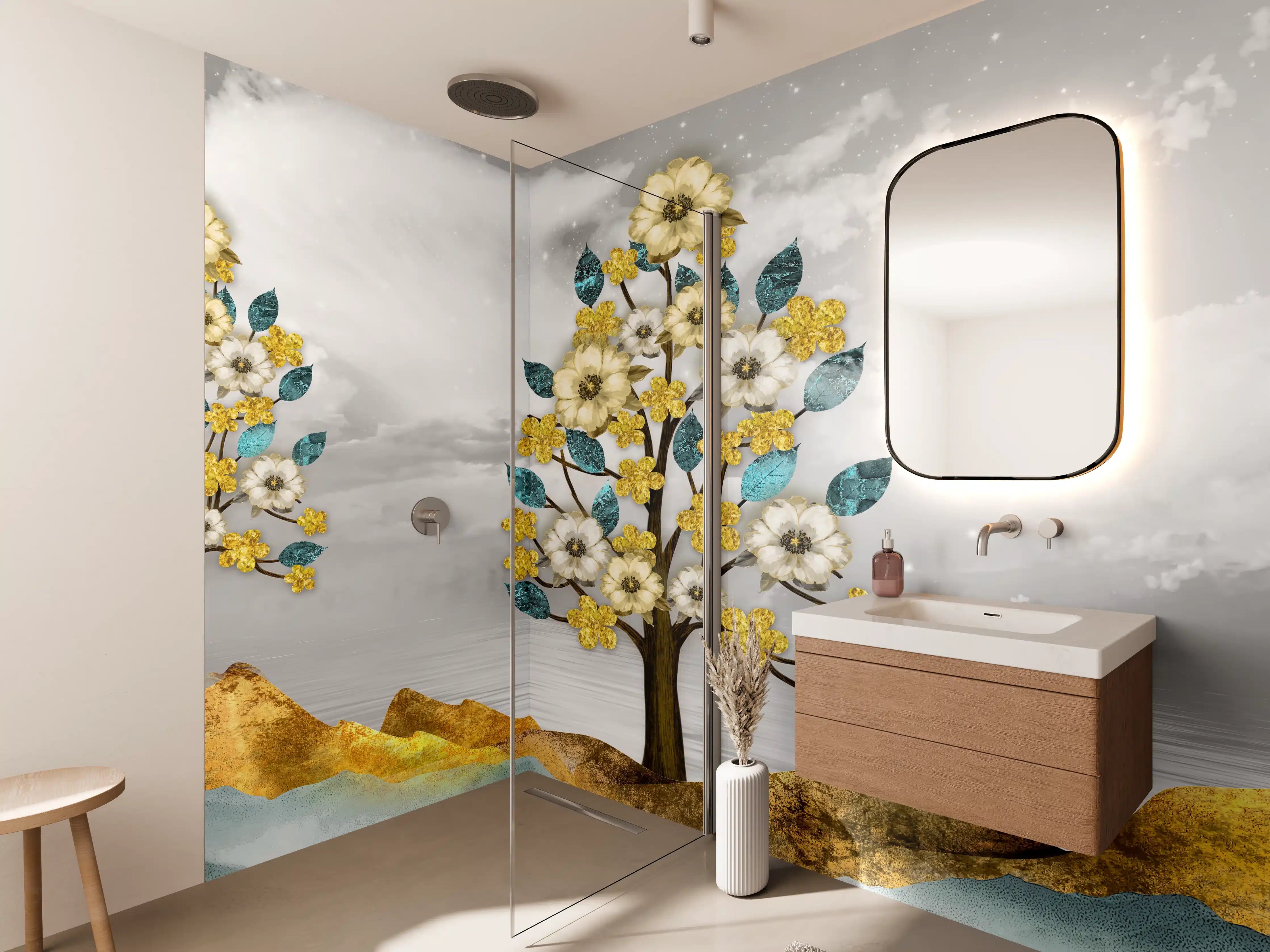 Wandverkleidung Bad - Florale Kunstmalerei - Natur